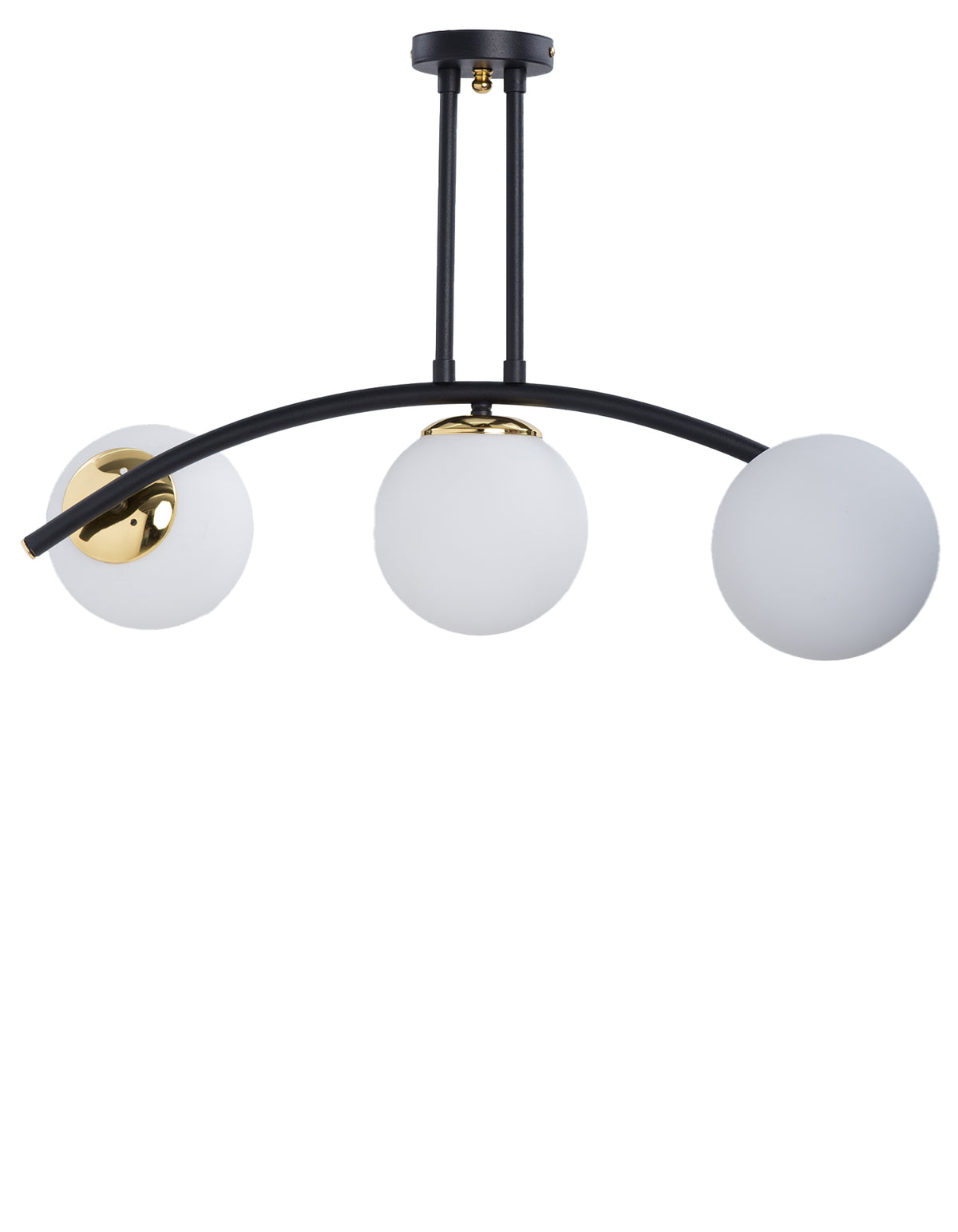 Vue de face du plafonnier 3 globes en verre blanc opale avec structure noir mat et détails dorés
