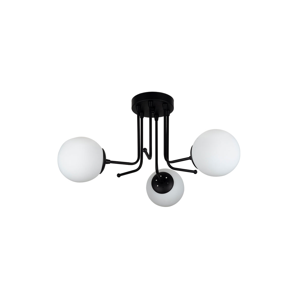 Vue du plafonnier 3 globes en verre blanc opale avec structure en métal noir