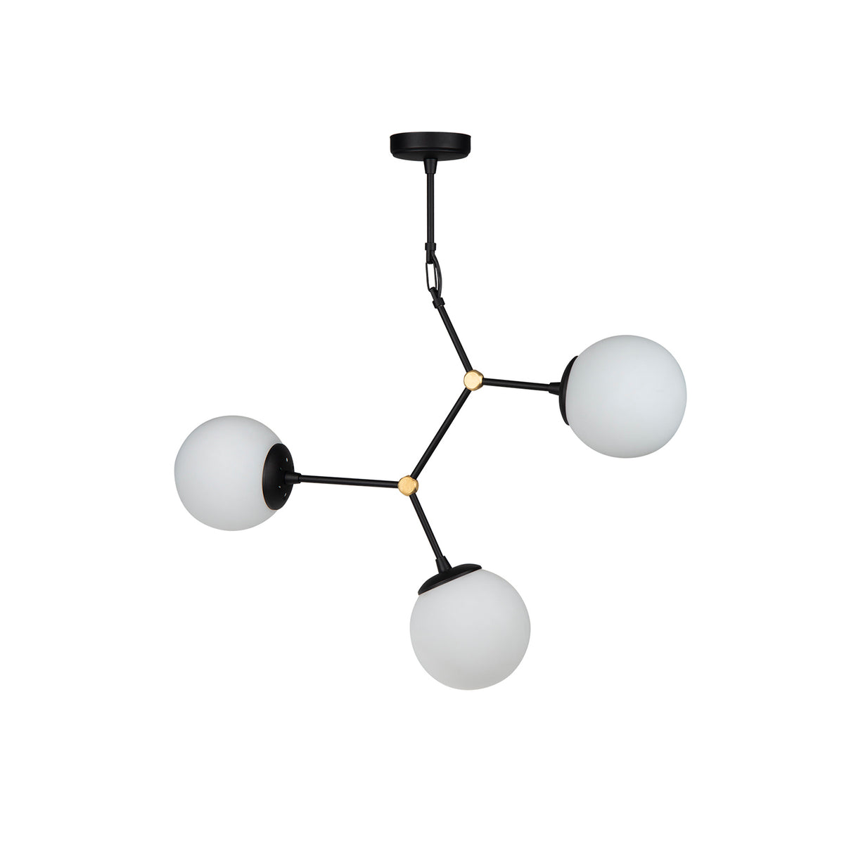 Vue du plafonnier moléculaire 3 globes en verre blanc opale avec structure noire et détails dorés