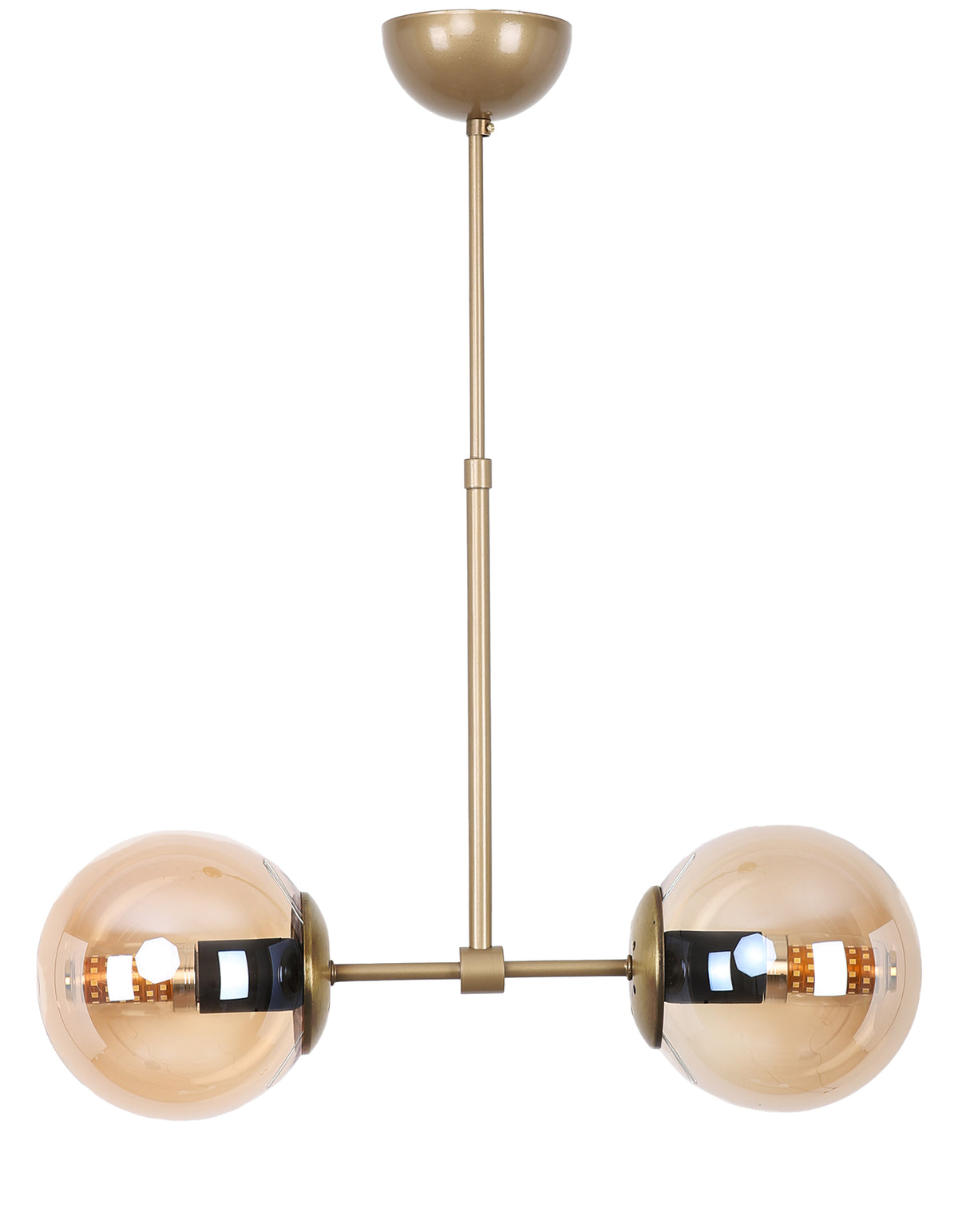 Vue de la suspension 2 globes en verre ambré transparent avec structure laiton brossé