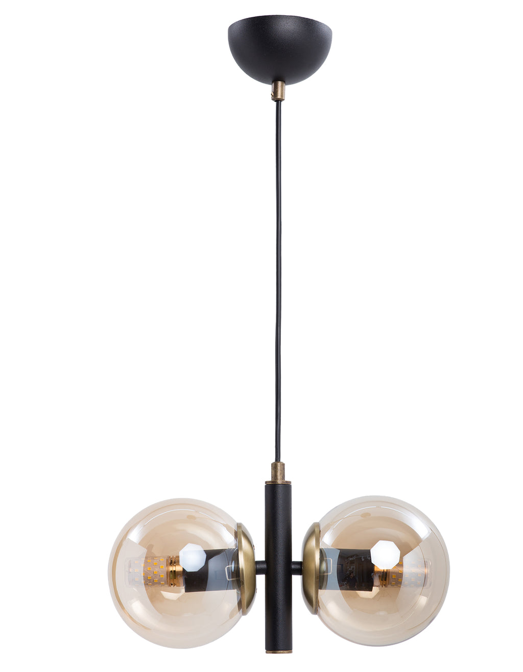 Vue de la suspension 2 globes en verre ambré transparent avec structure noire et détails dorés