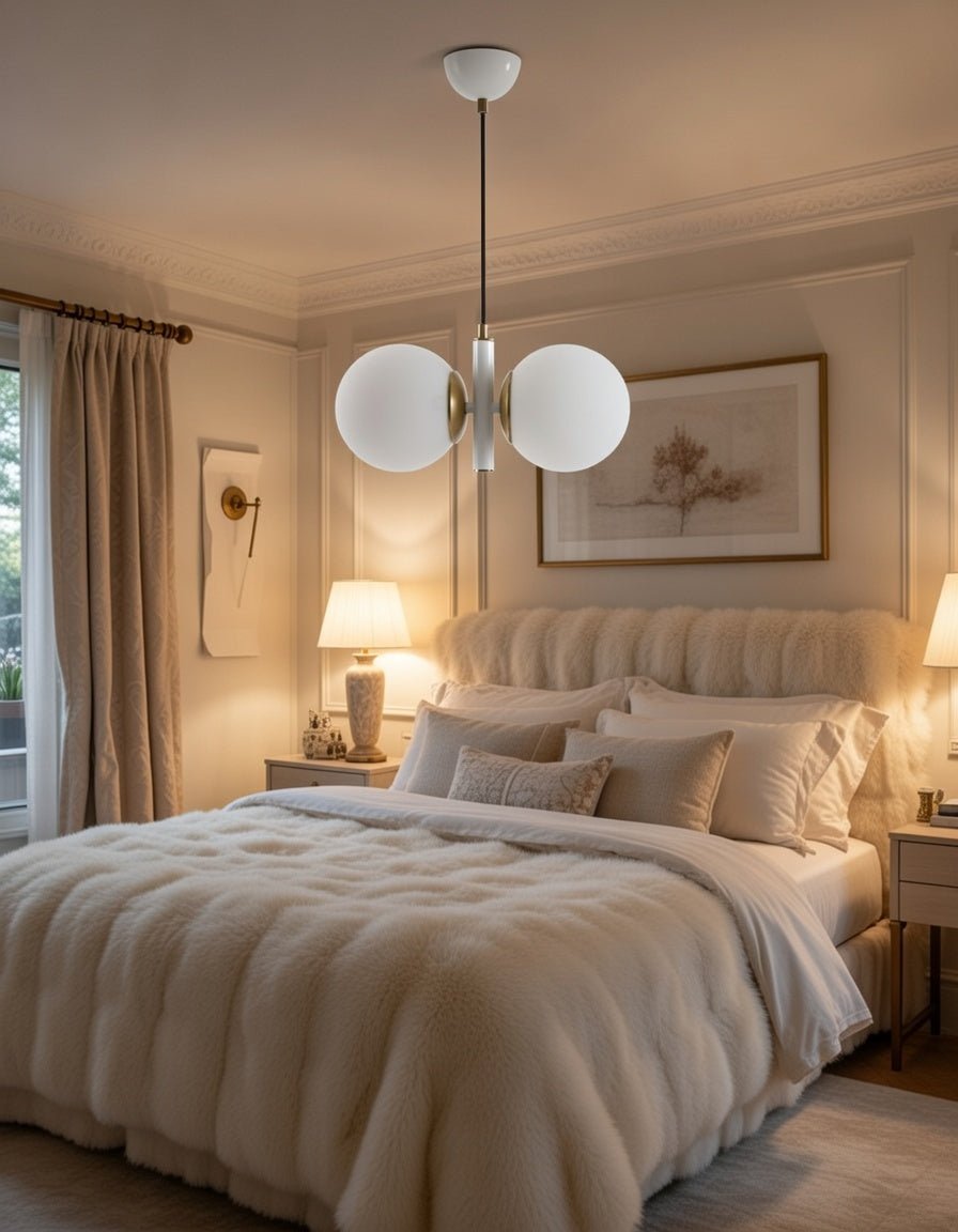 Suspension 2 globes blanc opale avec structure blanche et détails dorés installée dans une chambre