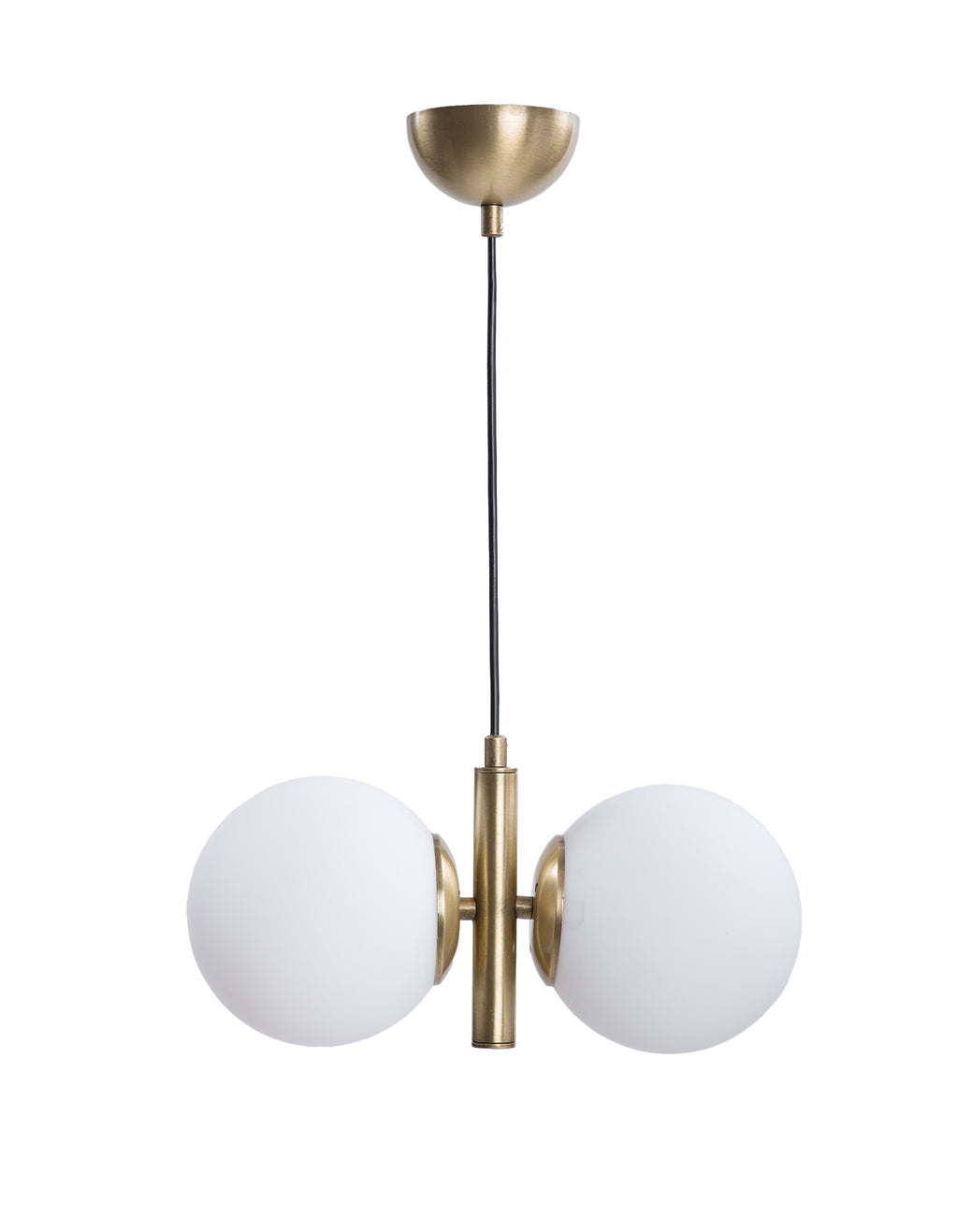 Vue de la suspension 2 globes en verre blanc opale avec structure complète en laiton brossé