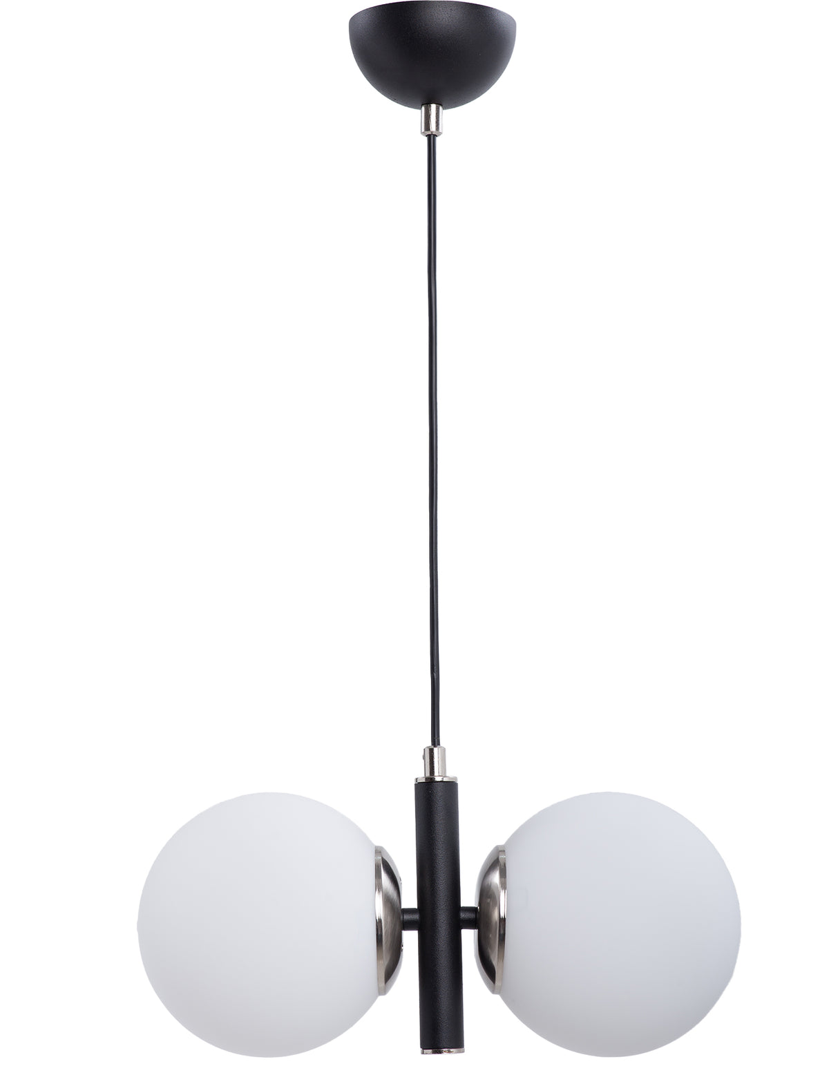 Vue de la suspension 2 globes en verre blanc opale avec structure noire et détails chrome