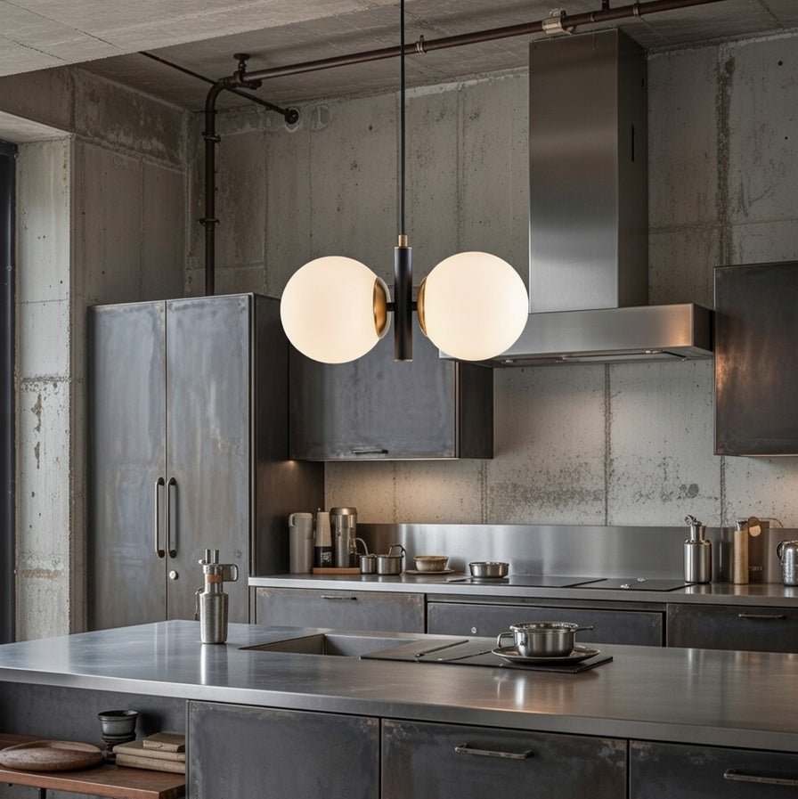 Suspension 2 globes blanc opale avec structure noire et détails dorés installée dans une cuisine