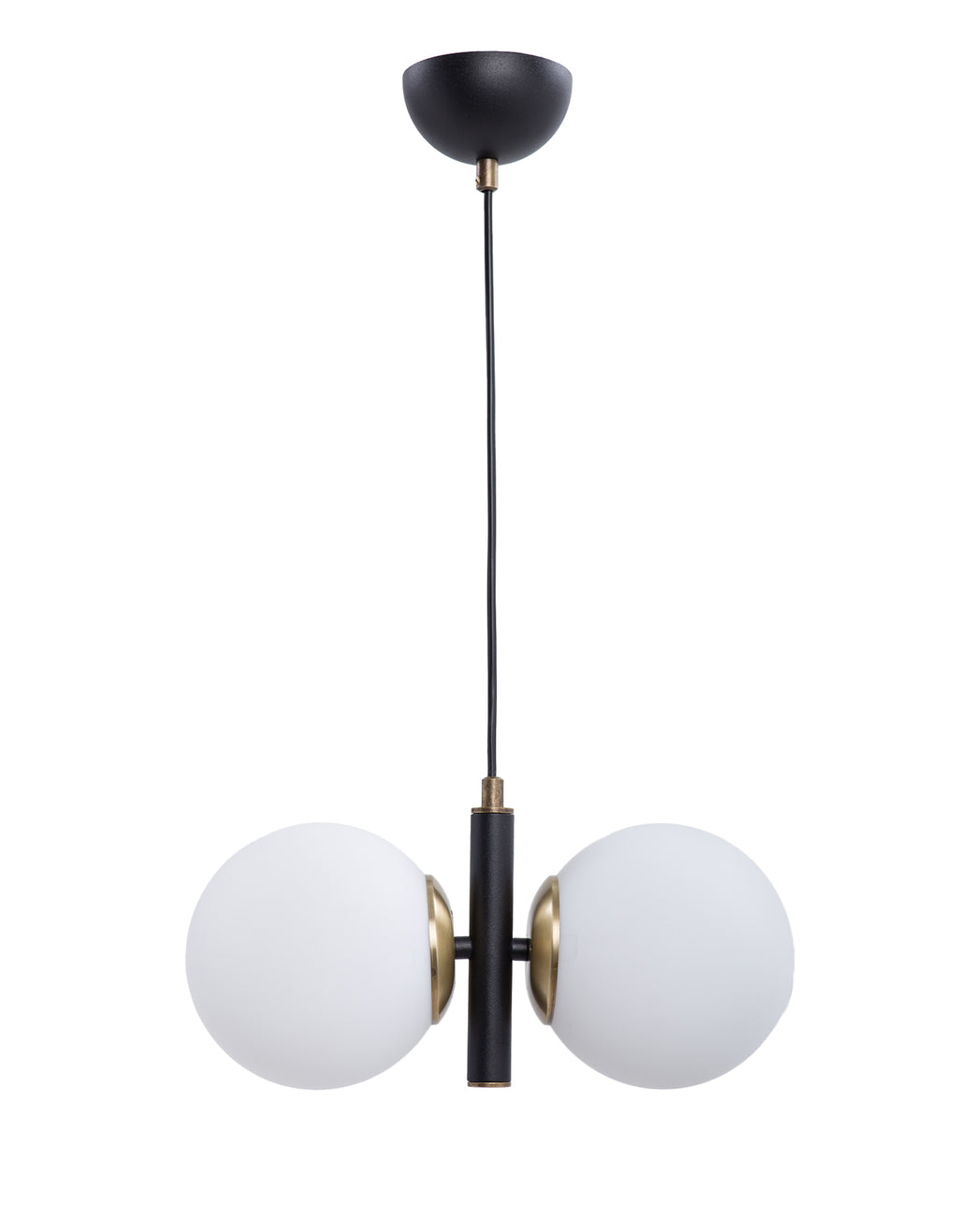 Vue de la suspension 2 globes en verre blanc opale avec structure noire et détails dorés