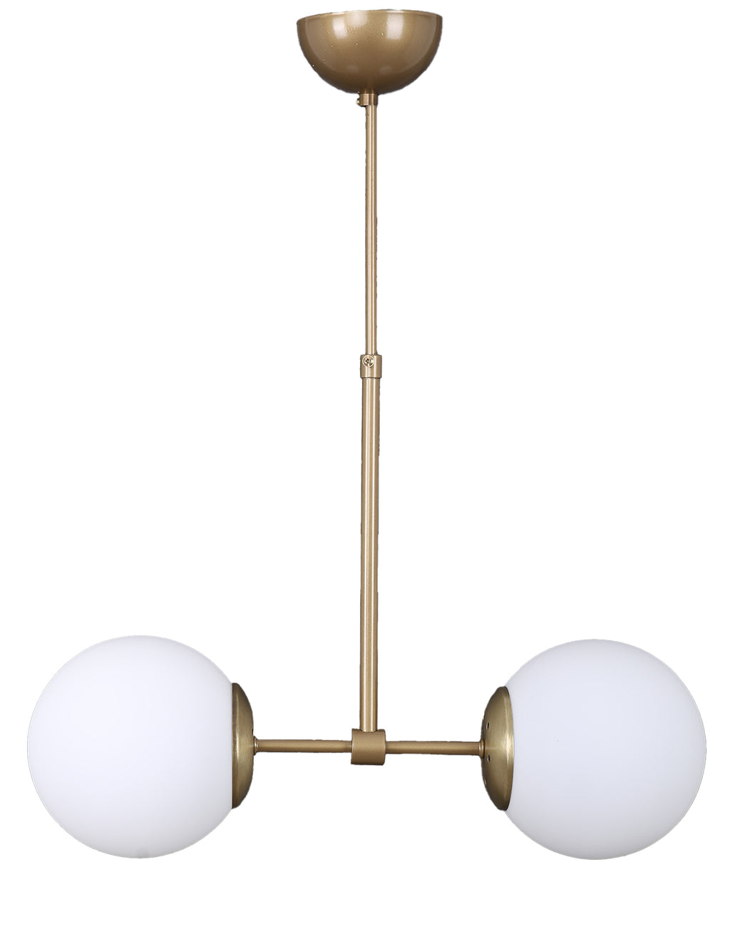 Vue de la suspension 2 globes en verre blanc opalin avec structure laiton brossé
