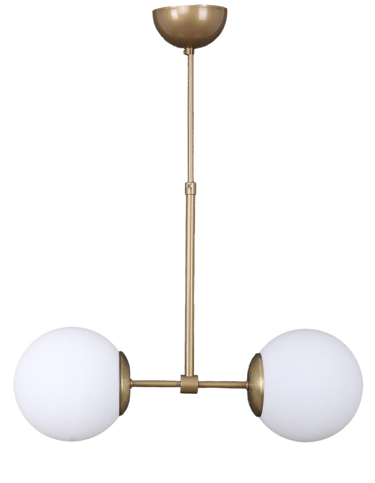 Vue de la suspension 2 globes en verre blanc opalin avec structure laiton brossé