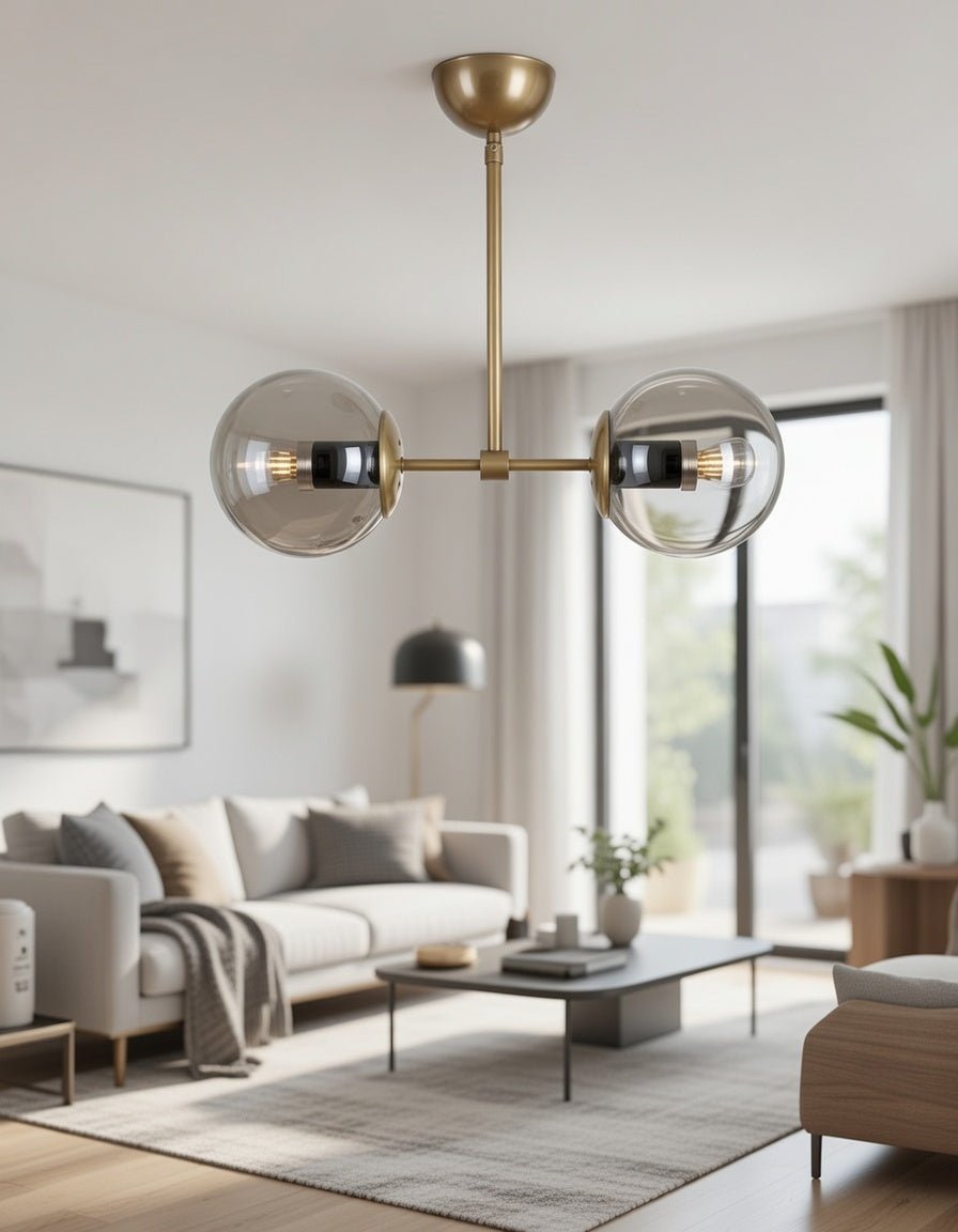 Suspension 2 globes fumés avec structure laiton brossé installée dans un salon