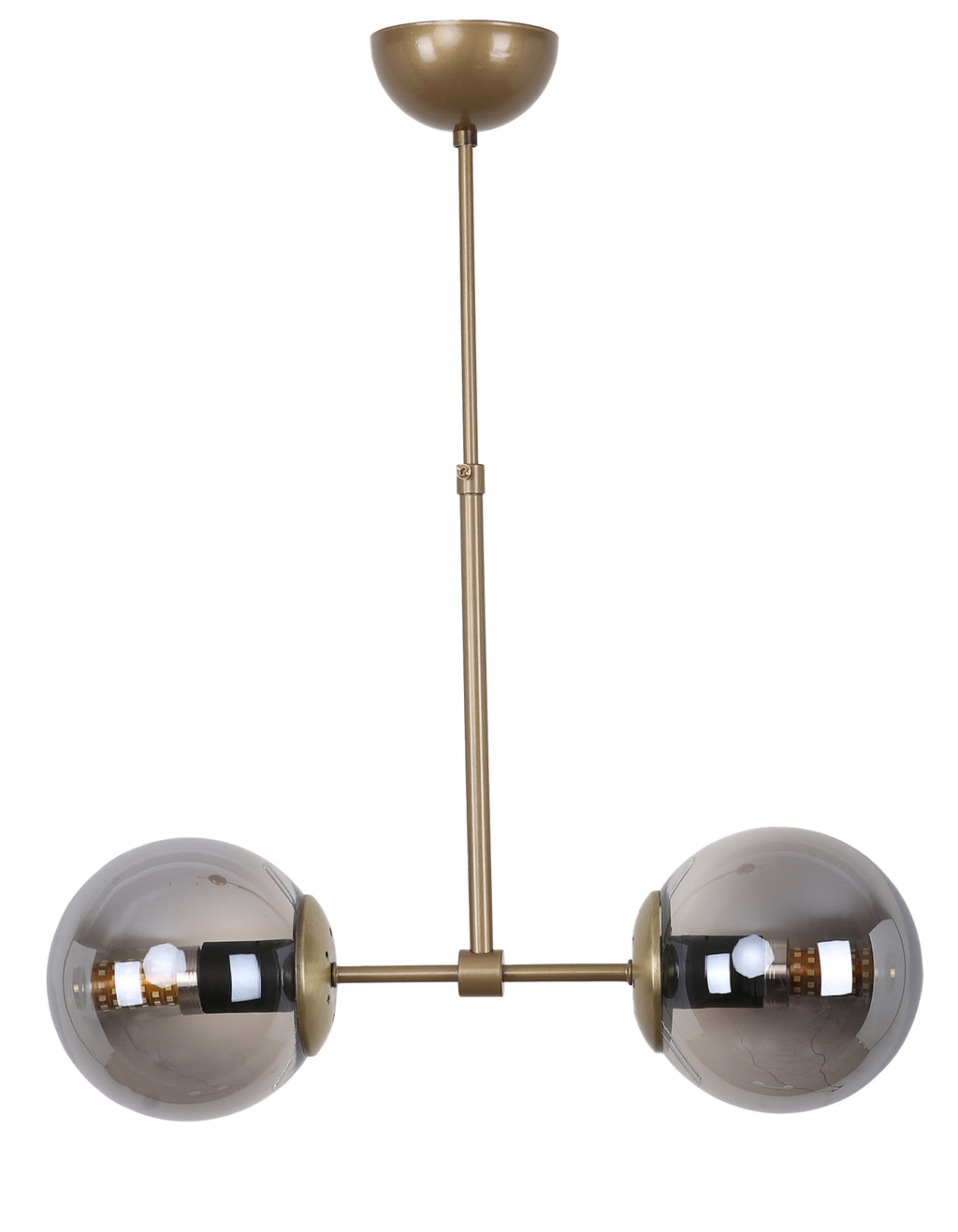 Vue de la suspension 2 globes en verre fumé transparent avec structure laiton brossé