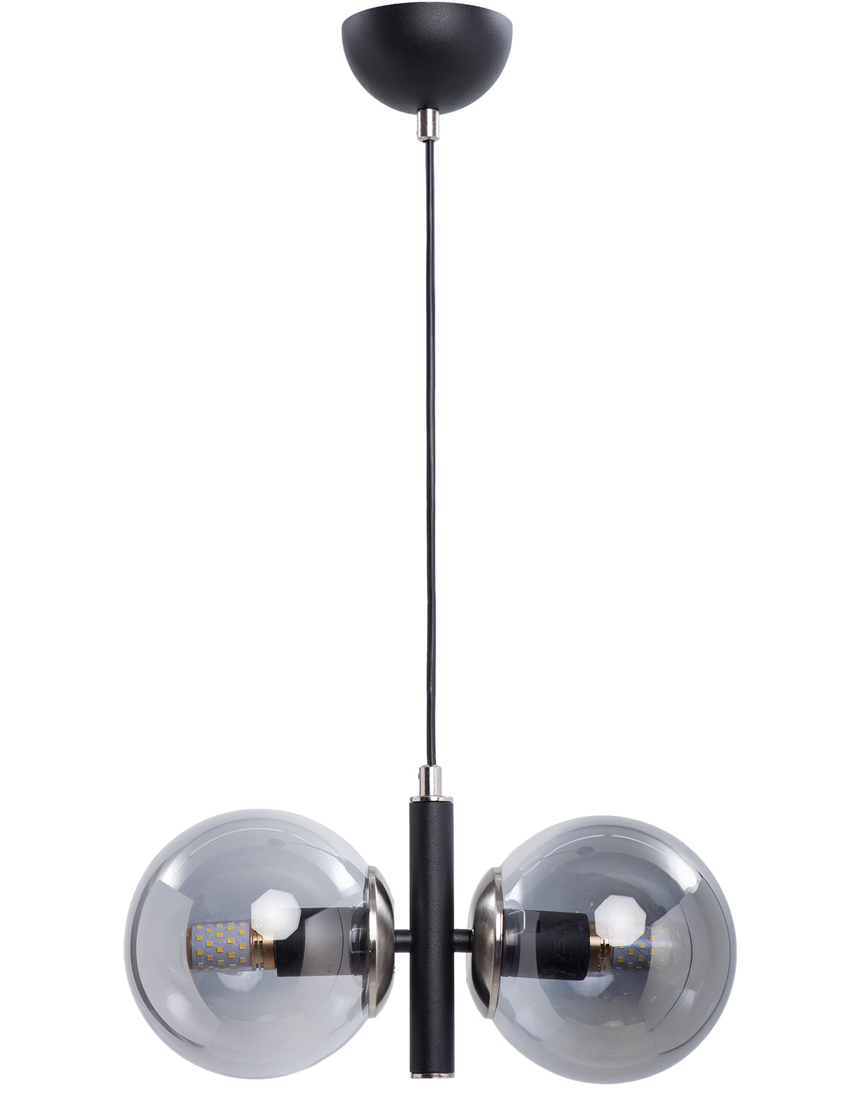 Vue de la suspension 2 globes en verre fumé transparent avec structure noire et détails chrome