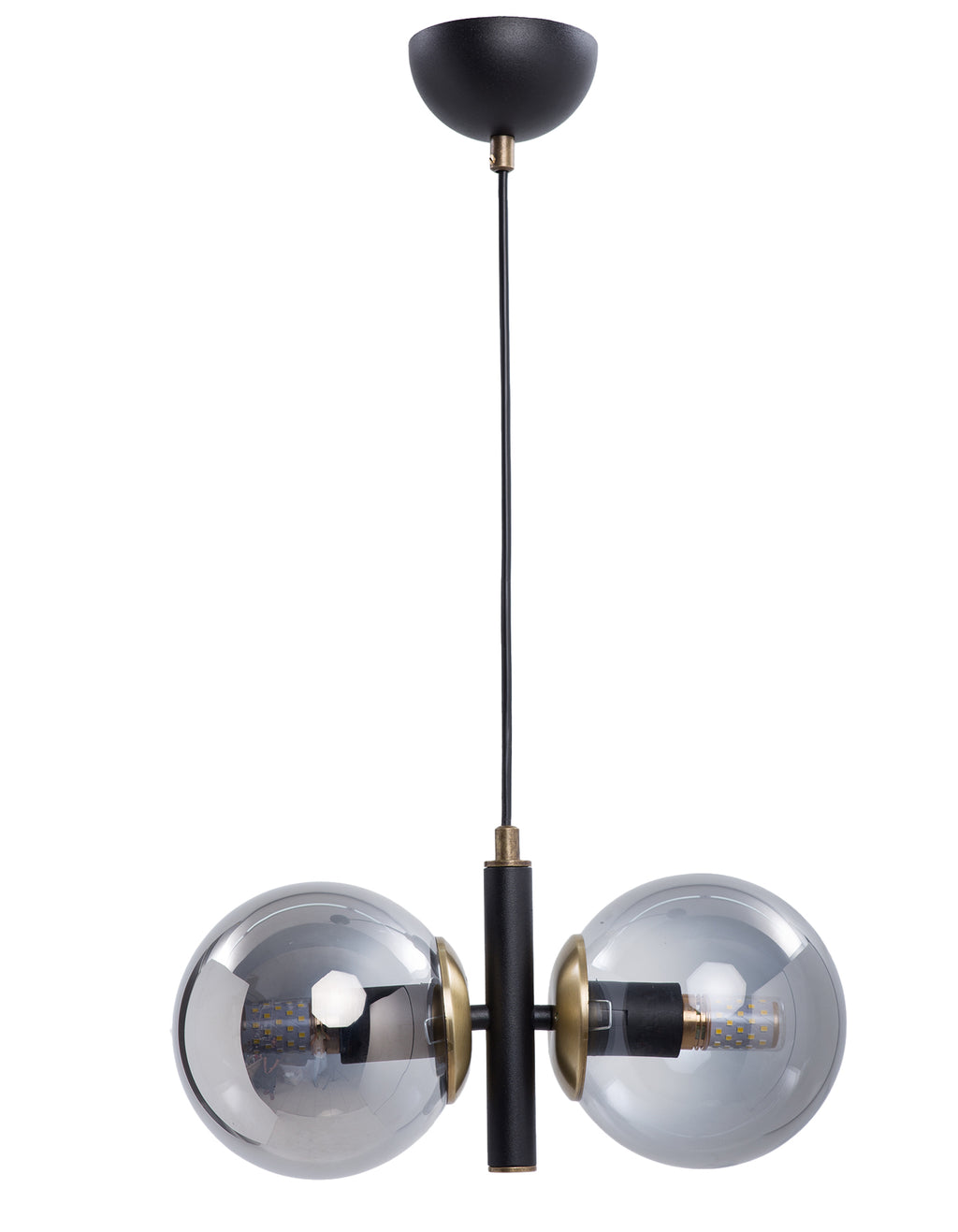 Vue de la suspension 2 globes en verre fumé transparent avec structure noire et détails laiton