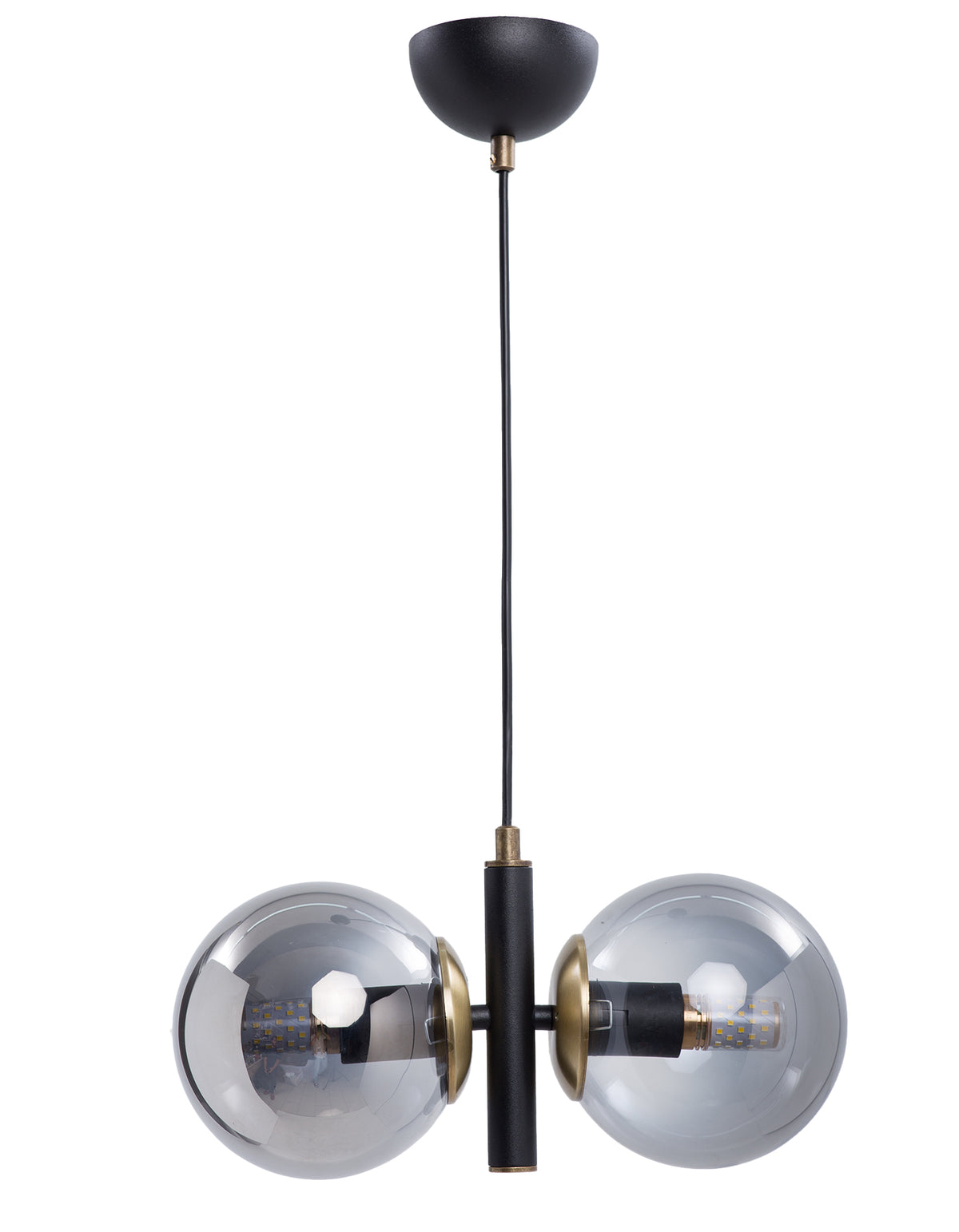 Vue de la suspension 2 globes en verre fumé transparent avec structure noire et détails laiton