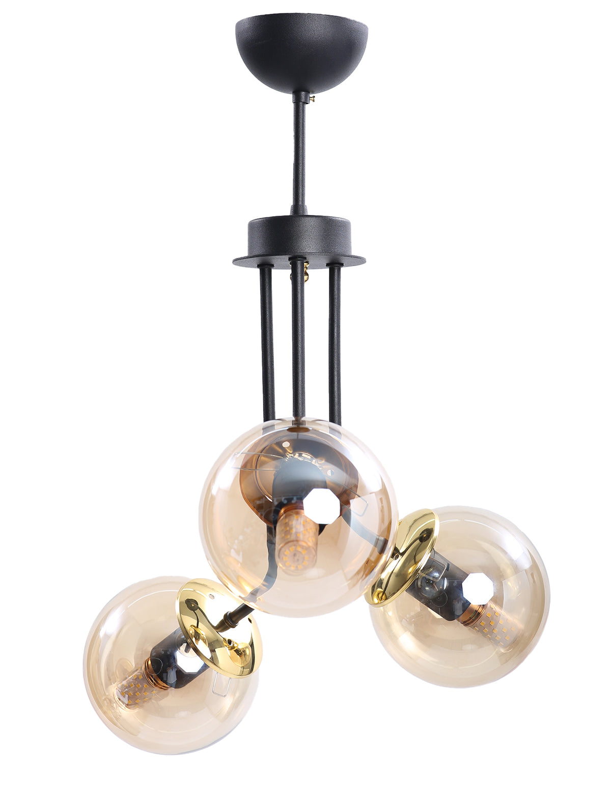 Vue complète de la suspension 3 globes en verre ambré avec structure noir mat et détails dorés