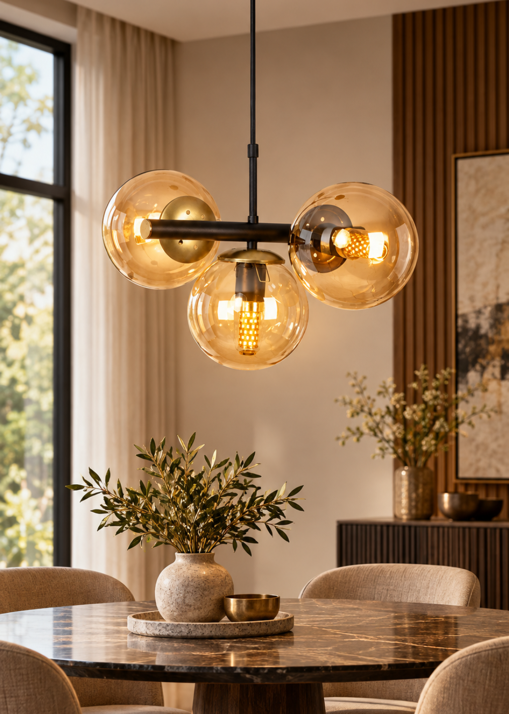 Suspension moderne 3 globes en verre ambré avec structure noire et détails dorés installée au-dessus d’une table en bois dans un intérieur chaleureux