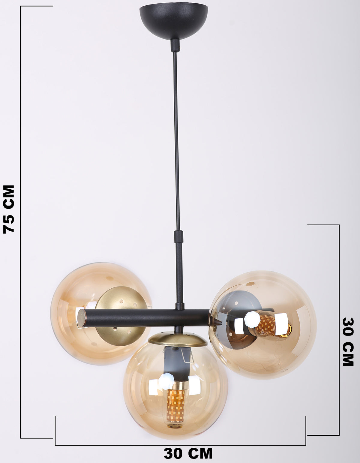 Schéma des dimensions de la suspension 3 globes ambrés, largeur 30 cm et hauteur jusqu’à 75 cm