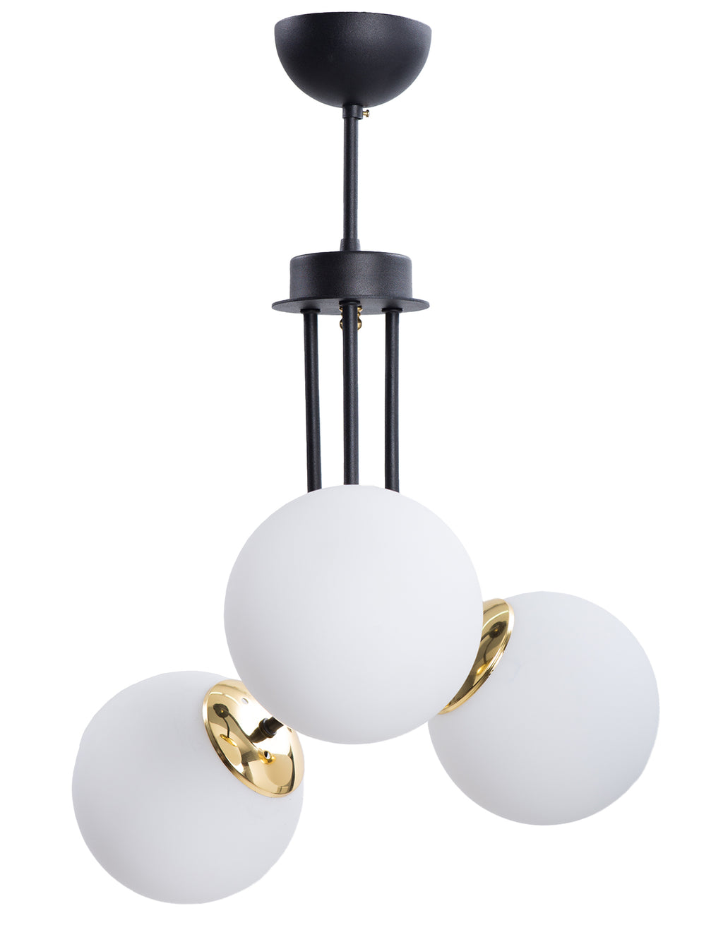 Vue complète de la suspension 3 globes en verre blanc opale avec structure noir mat et détails dorés