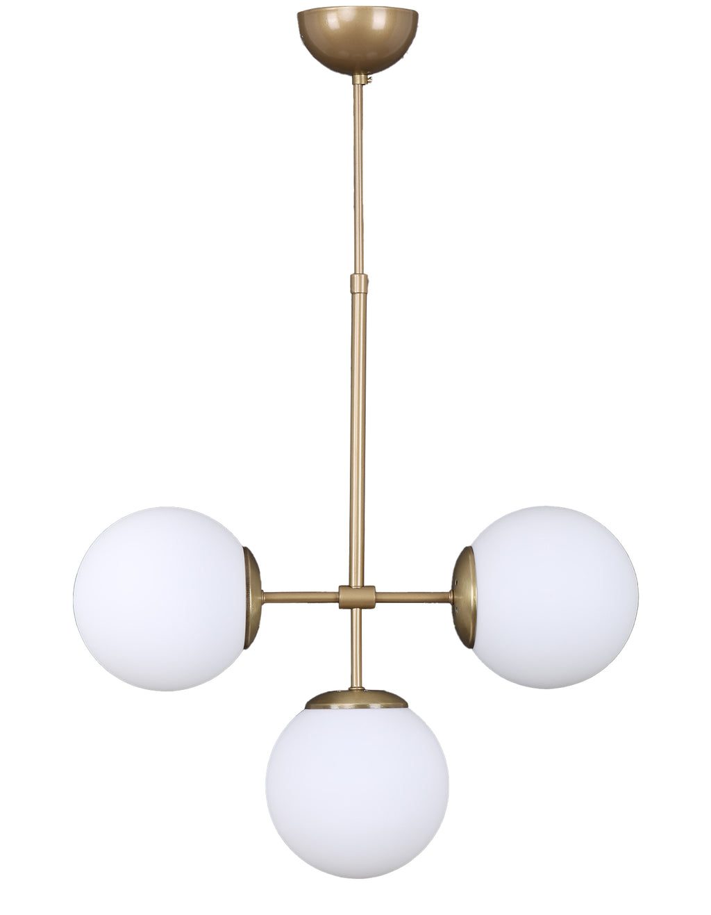 Vue complète de la suspension asymétrique 3 globes en verre blanc opalin avec structure en laiton brossé
