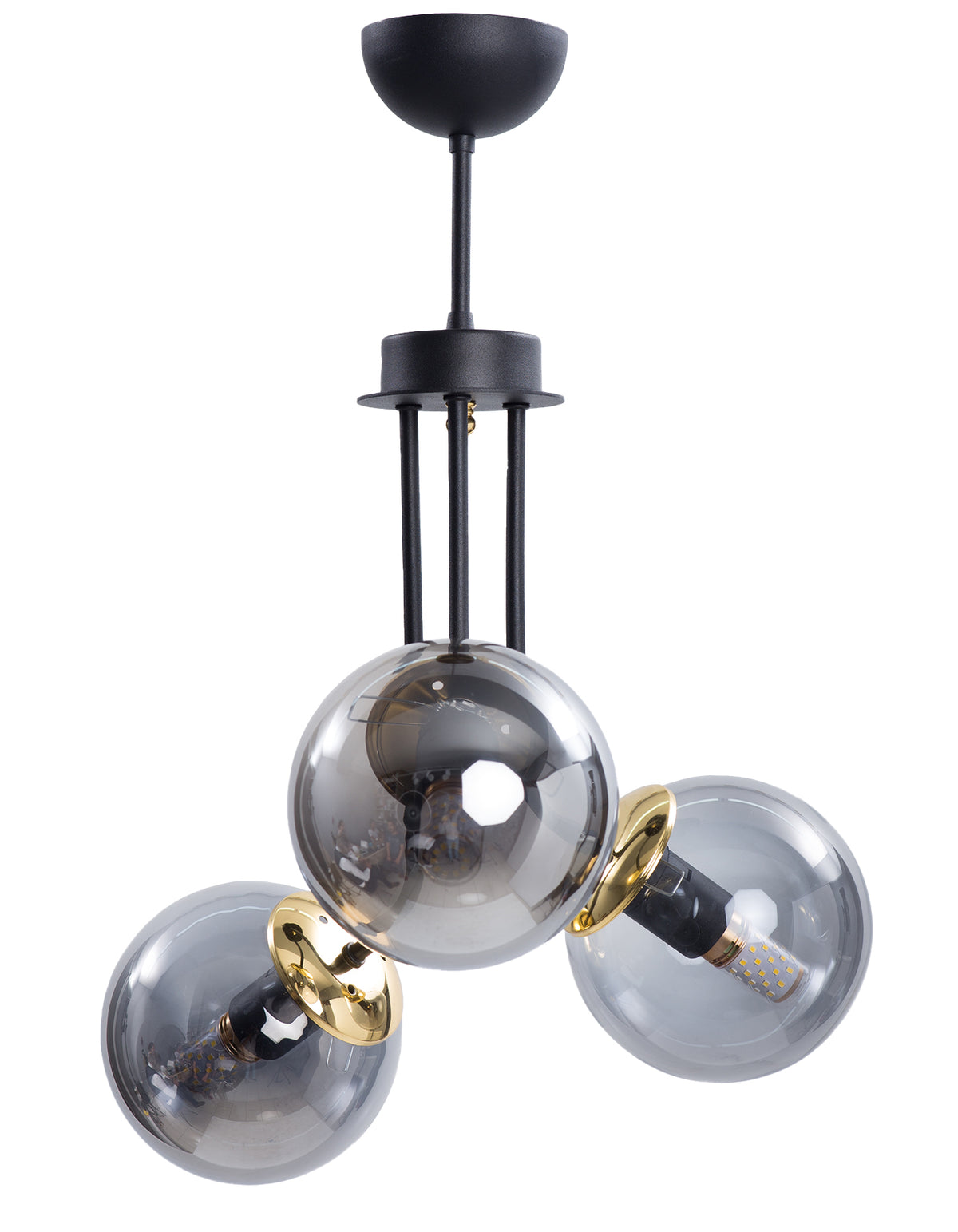 Vue complète de la suspension 3 globes en verre fumé avec structure noir mat et détails dorés