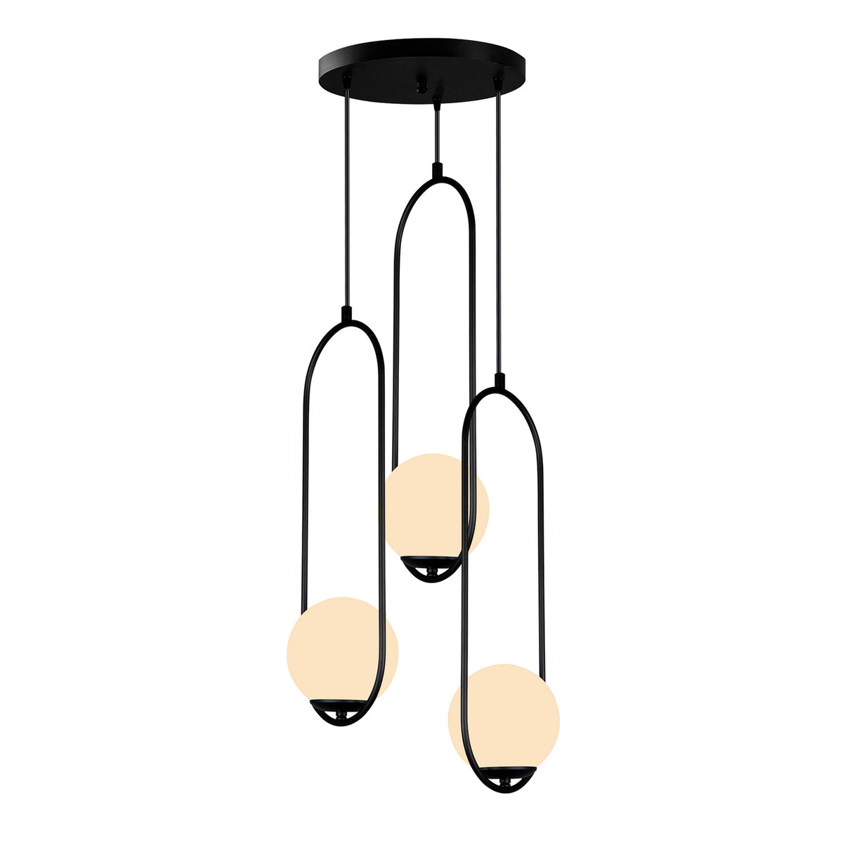 Vue de la suspension 3 globes blanc opale avec structure à trois arches noires