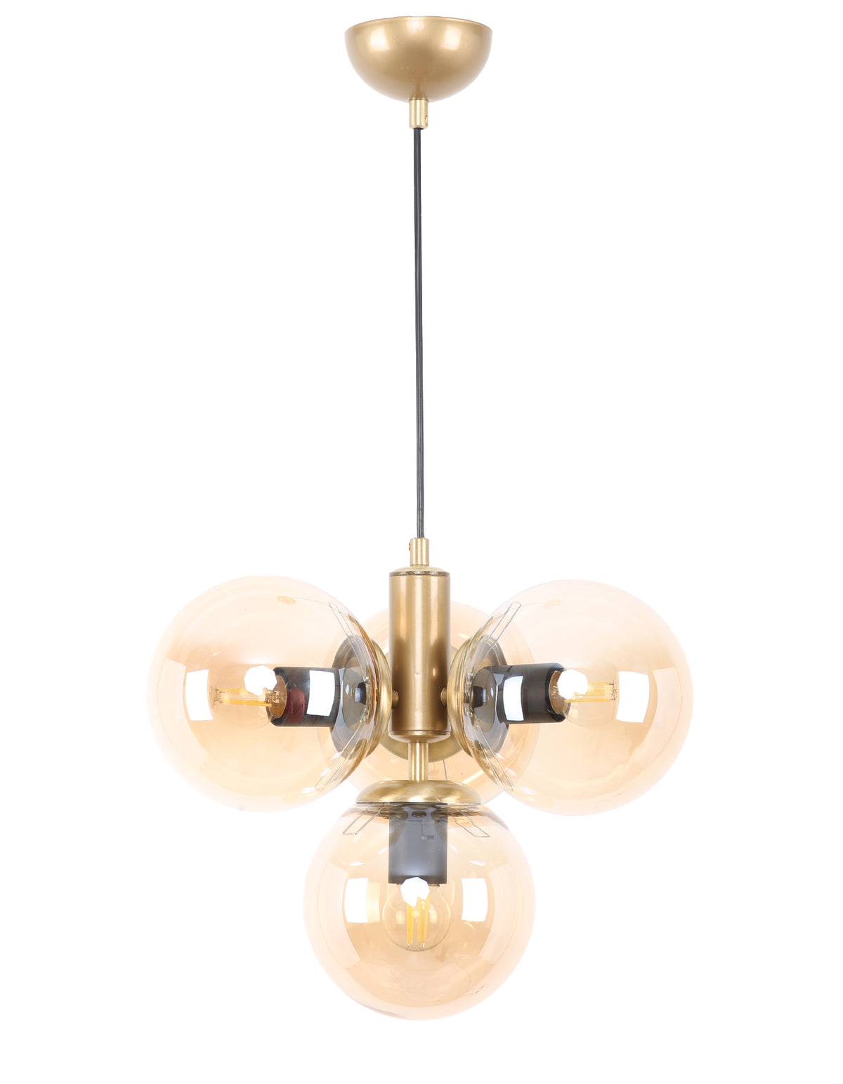 Suspension 4 globes en verre ambré avec structure finition laiton brossé sur fond clair