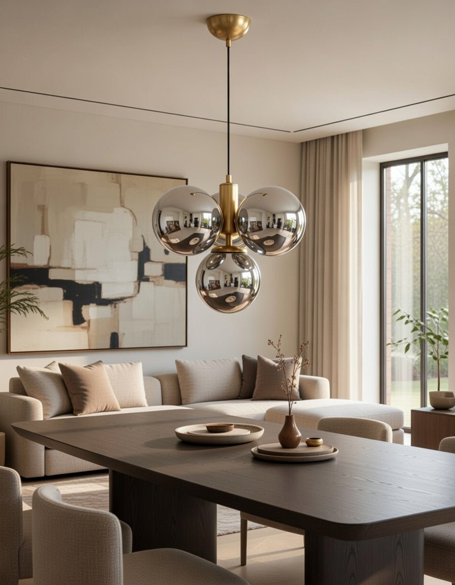 Suspension 4 globes fumés avec finition laiton brossé installée dans une pièce de vie