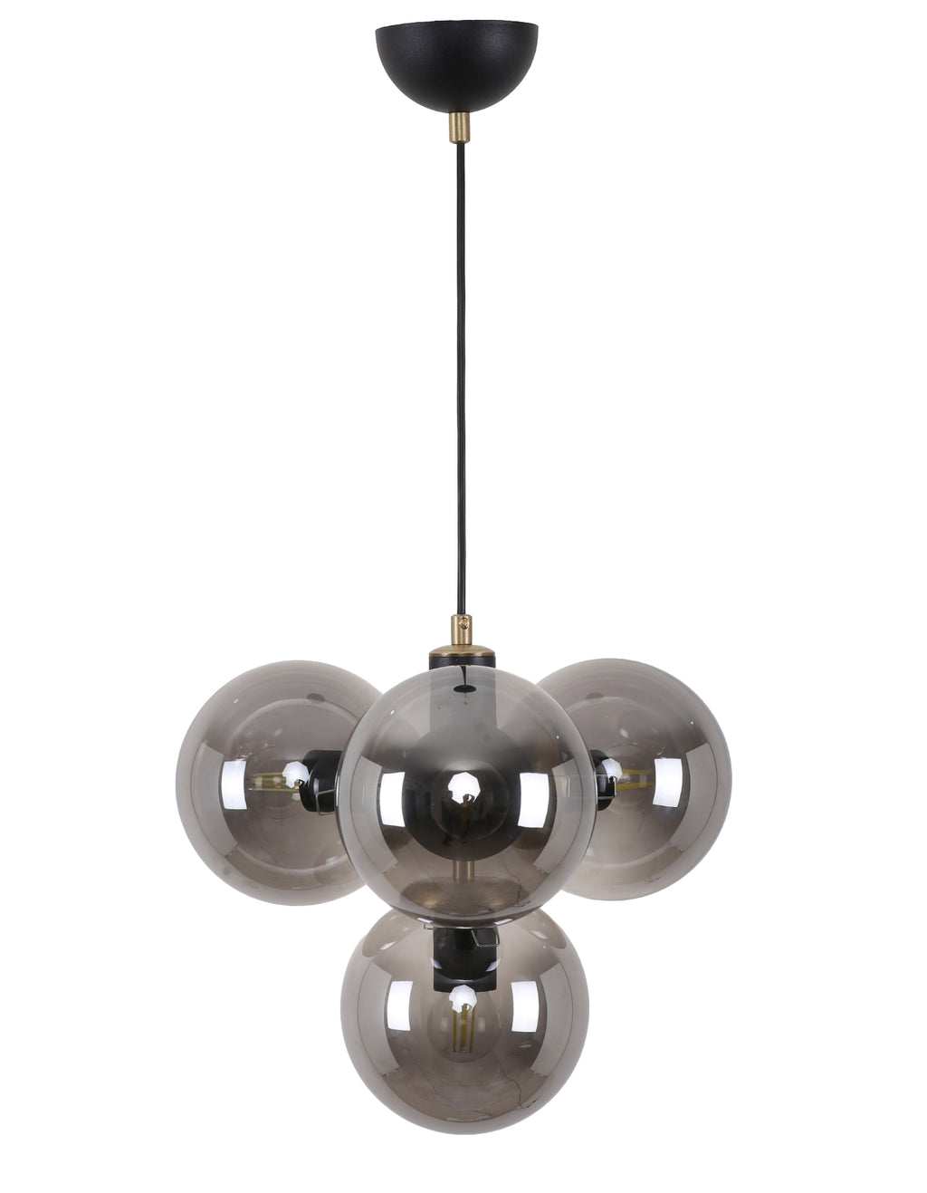 Suspension 4 globes en verre fumé allumée avec structure noir mat et détails laiton