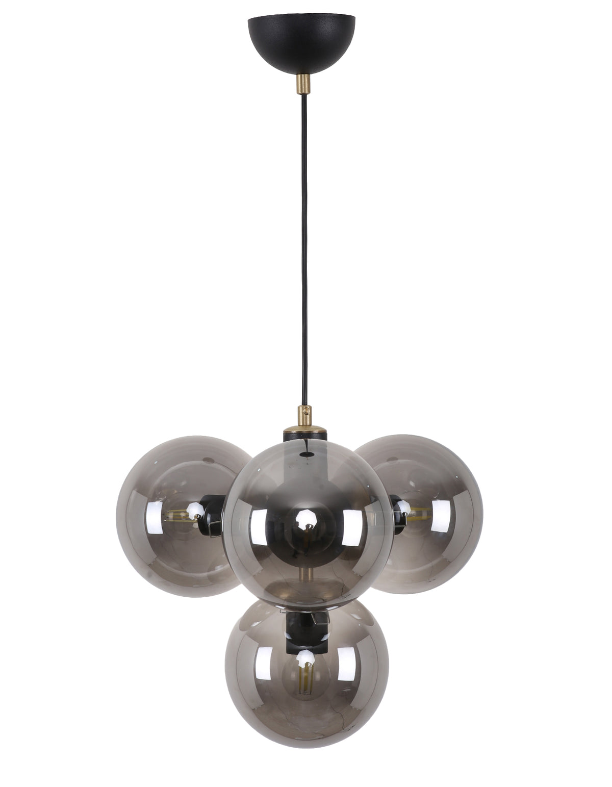 Suspension 4 globes en verre fumé allumée avec structure noir mat et détails laiton