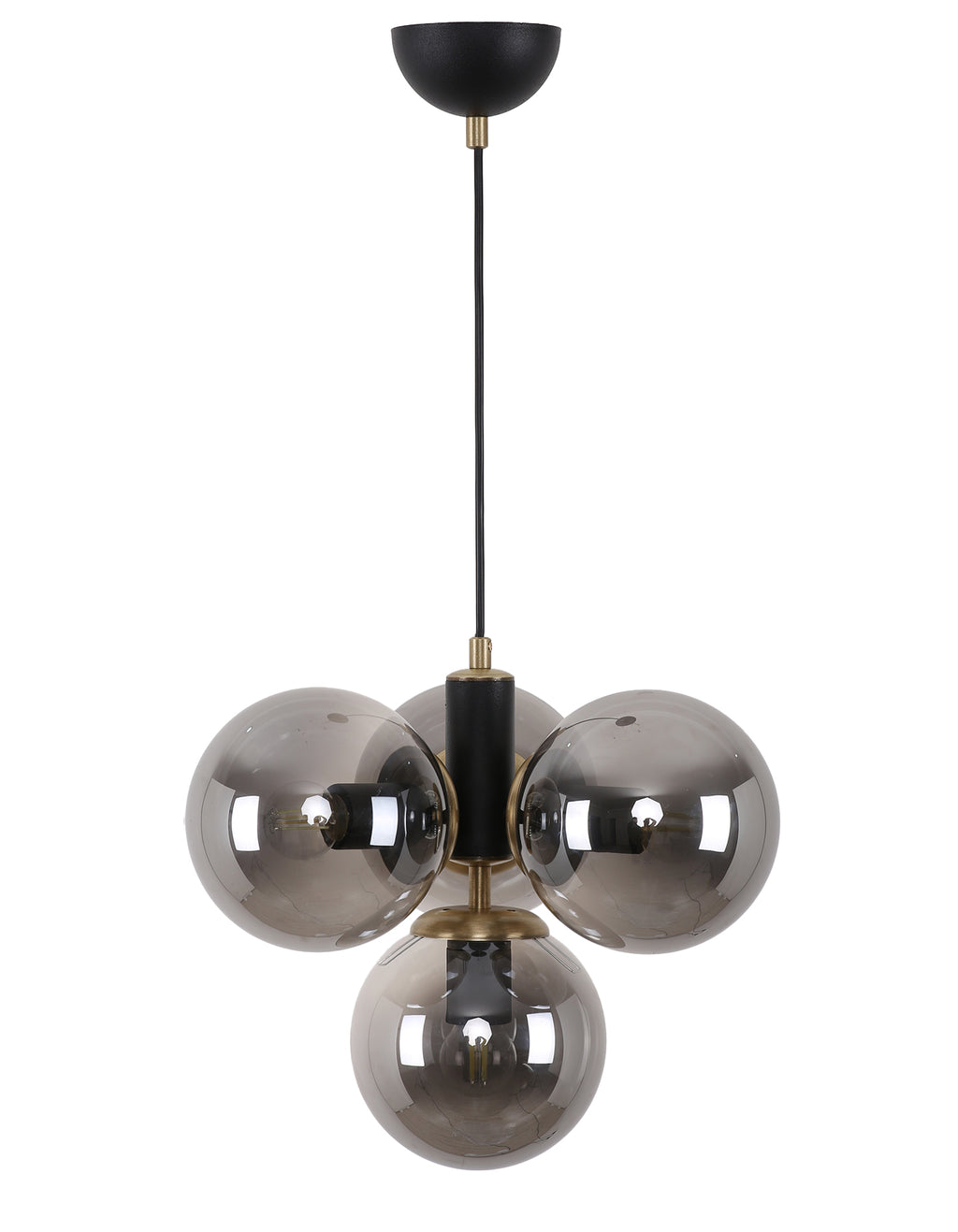 Vue de la suspension 4 globes en verre fumé avec structure noir mat et détails laiton