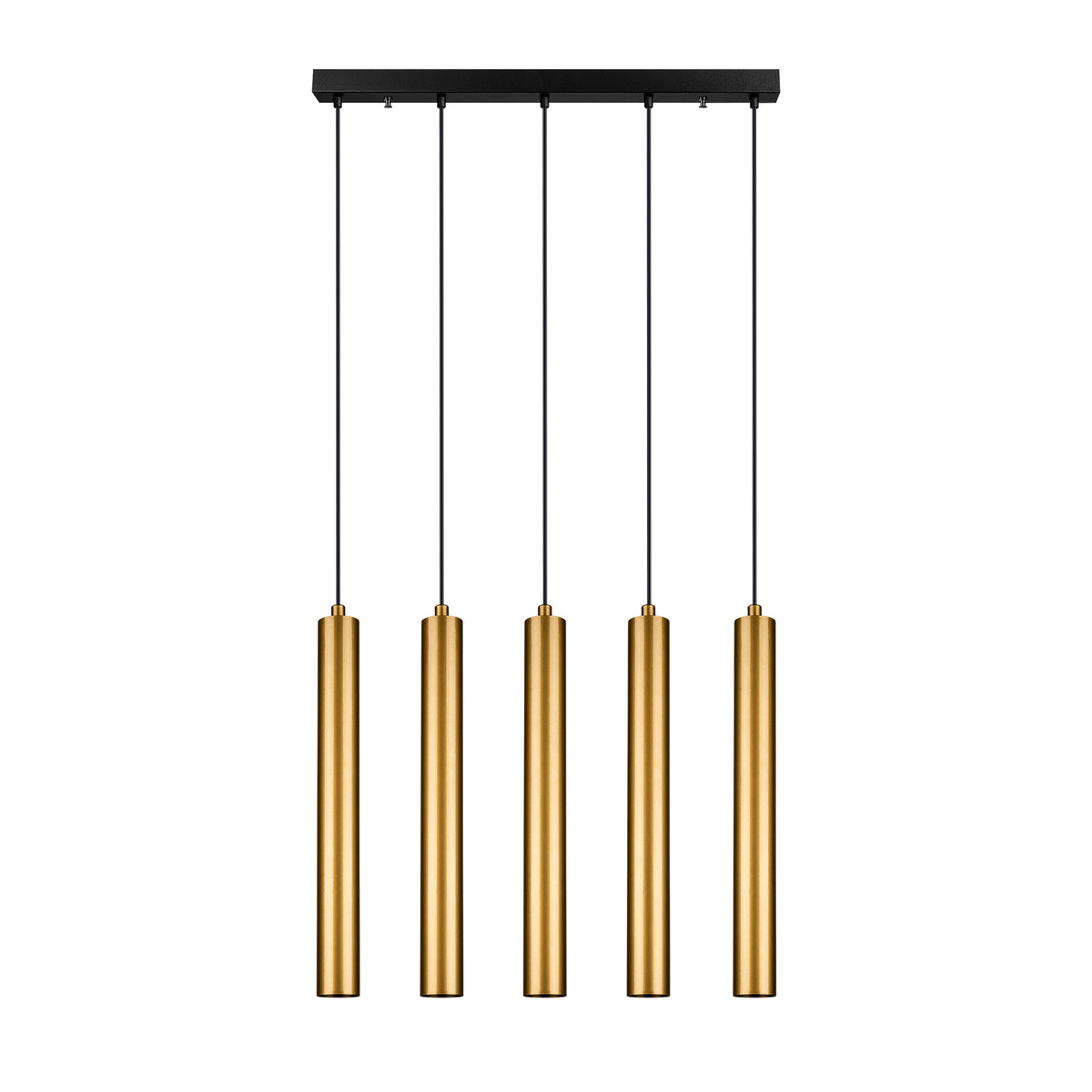 Vue de la suspension linéaire à 5 cylindres dorés avec rosace noire