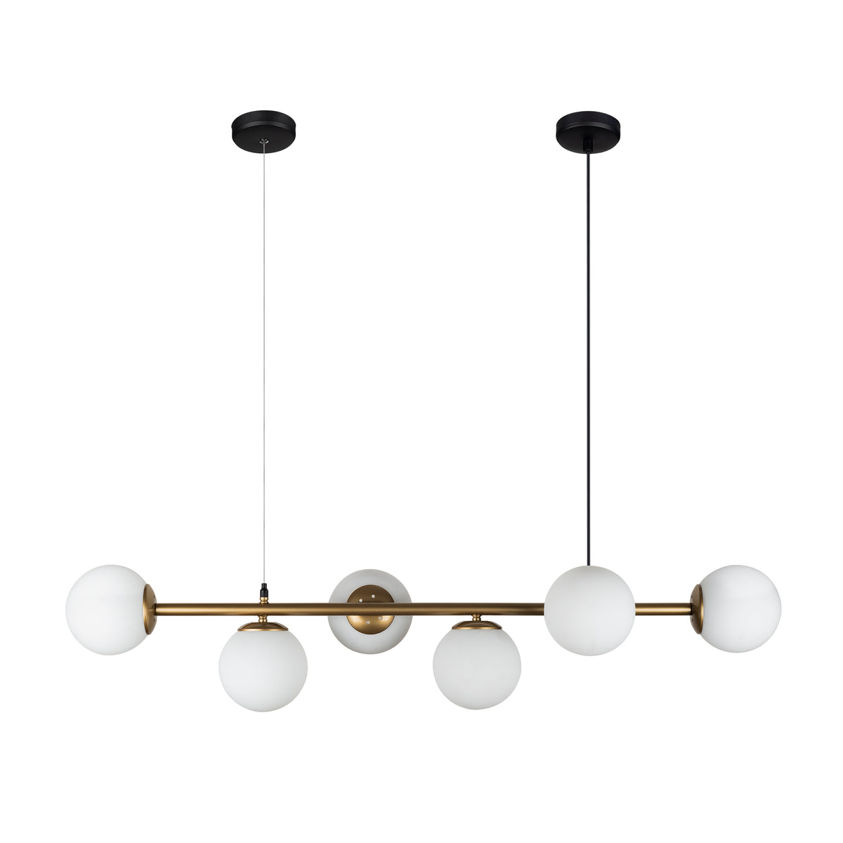 Suspension linéaire 6 globes opale blanc avec structure dorée et câbles noirs