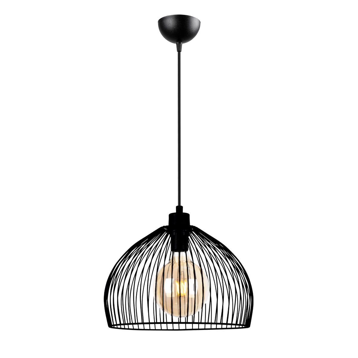 Vue de face de la suspension cage dôme noire Ø24,5 cm avec ampoule visible