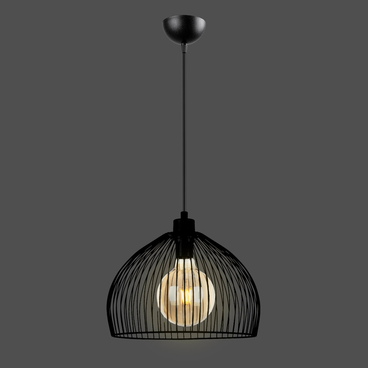 Suspension cage dôme noire Ø24,5 cm sur fond gris avec éclairage chaud