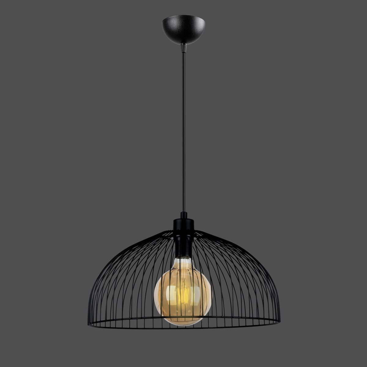 Vue de face de la suspension cage géométrique noire Ø24 cm avec ampoule visible