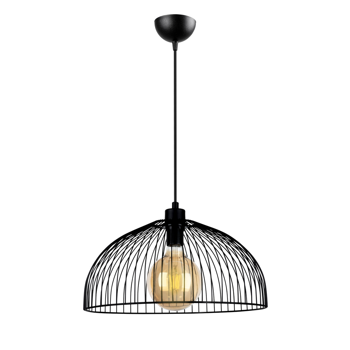 Suspension cage géométrique noire Ø24 cm sur fond blanc