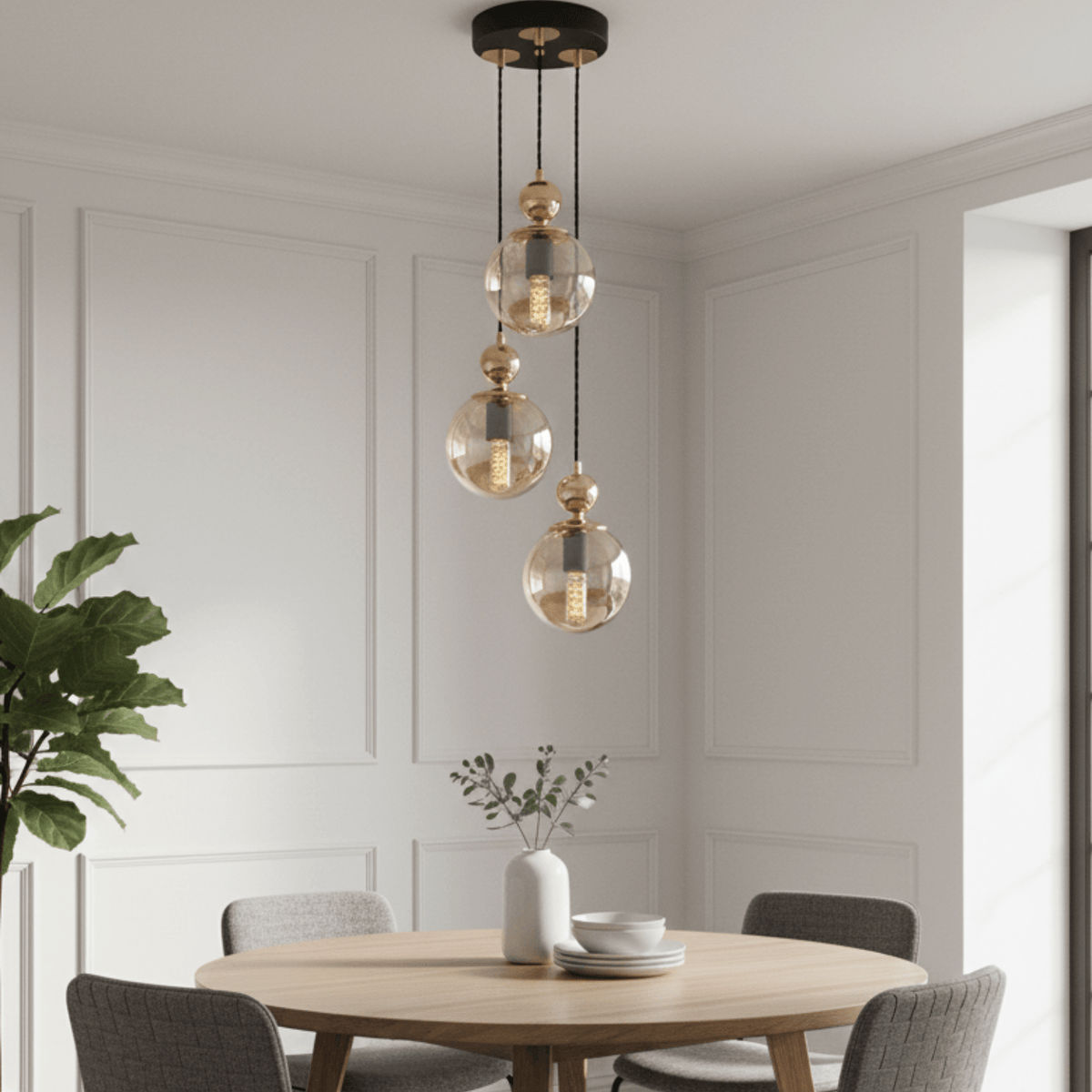 Suspension cascade 3 globes ambrés installée au-dessus d’une table à manger