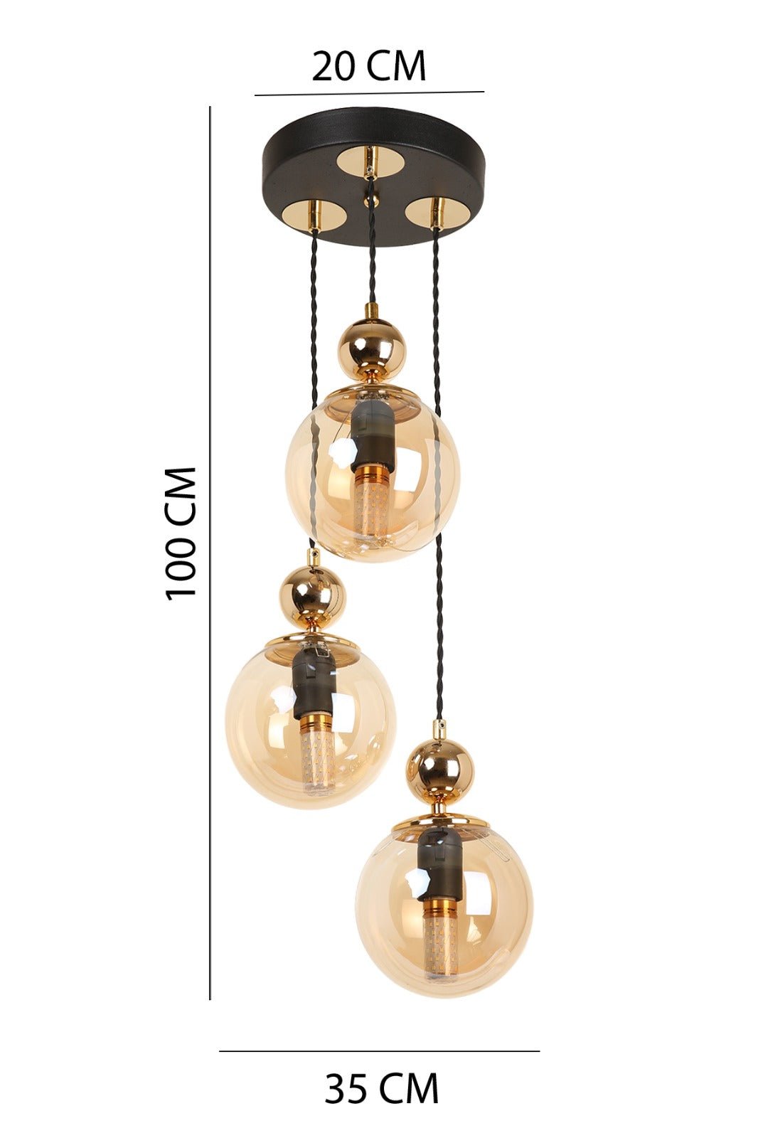 Schéma des dimensions de la suspension cascade 3 globes, hauteur 100 cm et largeur 35 cm