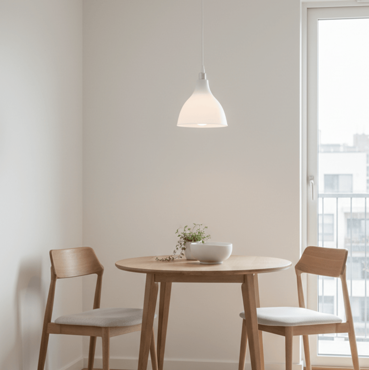 Suspension cloche minimaliste en plastique blanc mat vue de face