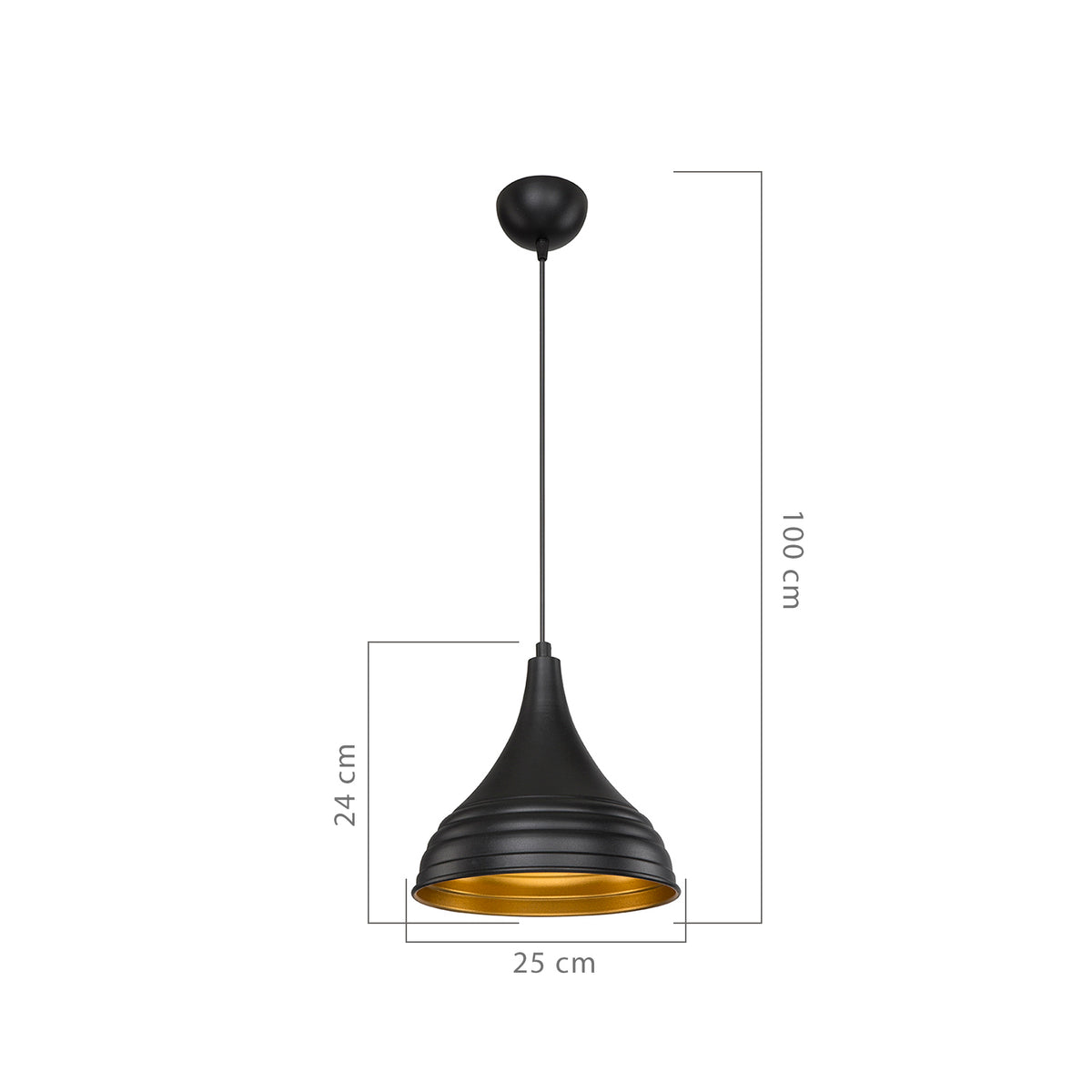 Schéma technique de la suspension cloche nervurée Ø25 cm avec hauteur ajustable jusqu’à 100 cm
