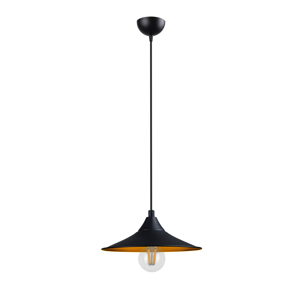 Suspension industrielle coupelle noir mat et intérieur doré vue de face