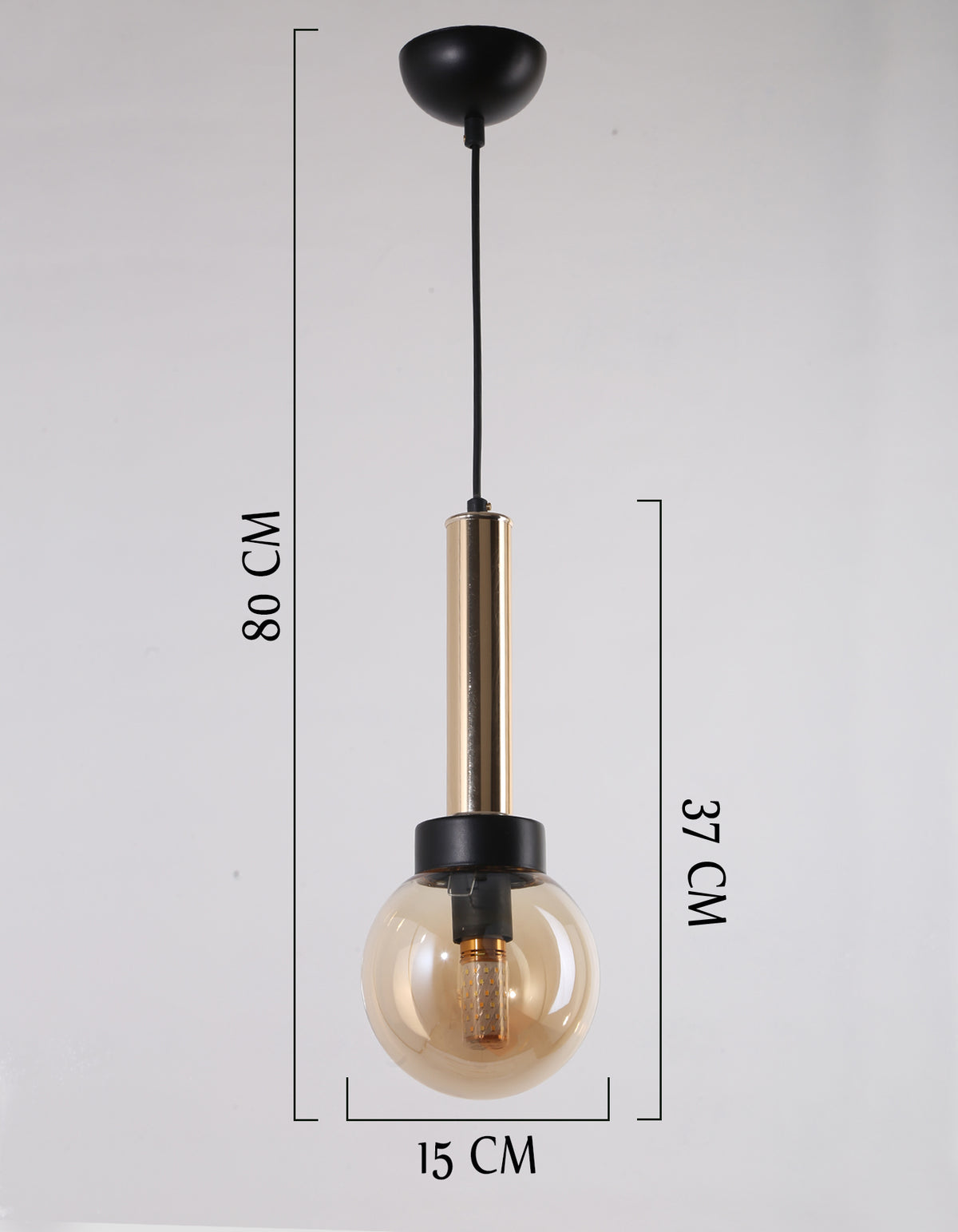 Schéma technique de la suspension cylindre doré et globe ambré lisse, hauteur 80 cm et diamètre 15 cm