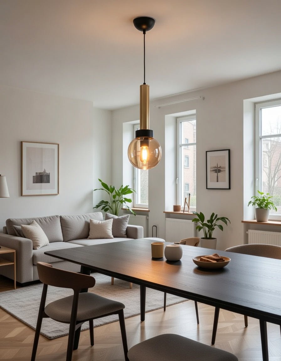 Suspension cylindre doré et globe ambré lisse installée au-dessus d’une table à manger