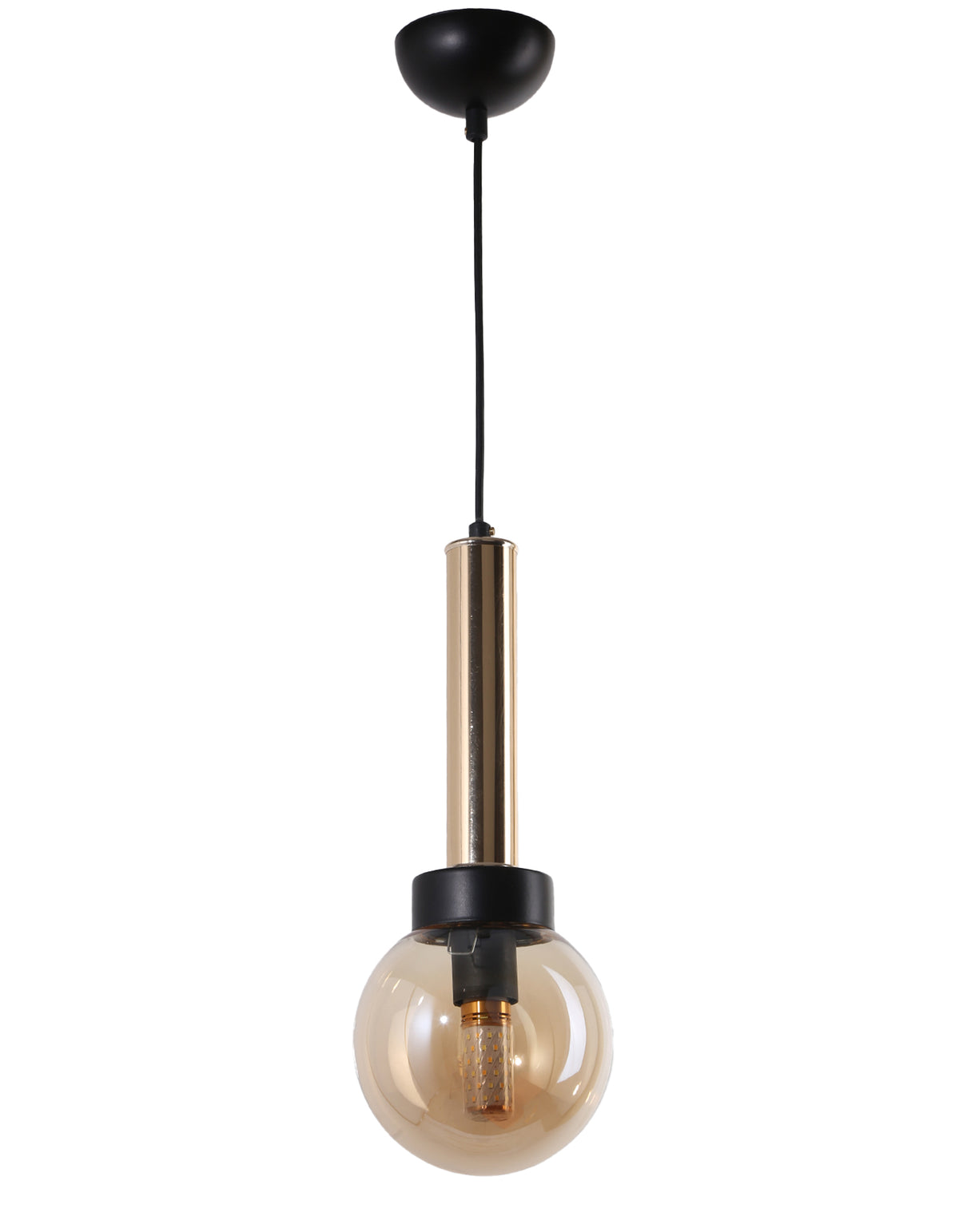 Suspension cylindre doré avec globe en verre ambré lisse vue de face
