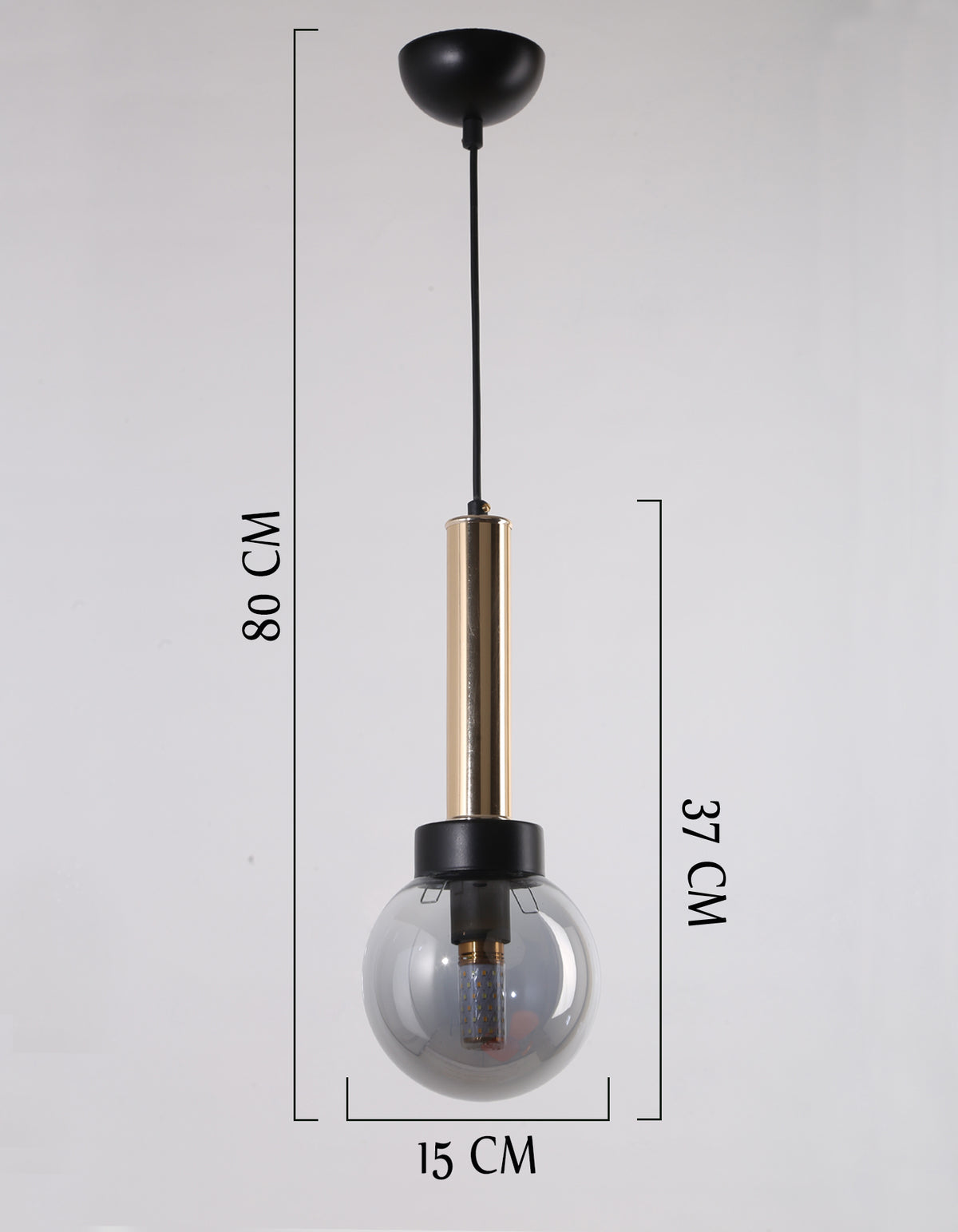 Dimensions de la suspension cylindre doré et globe fumé lisse, hauteur 80 cm et diamètre 15 cm