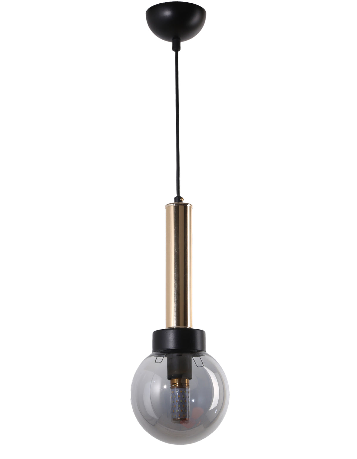 Suspension cylindre doré avec globe en verre fumé lisse et bague noire, vue de face