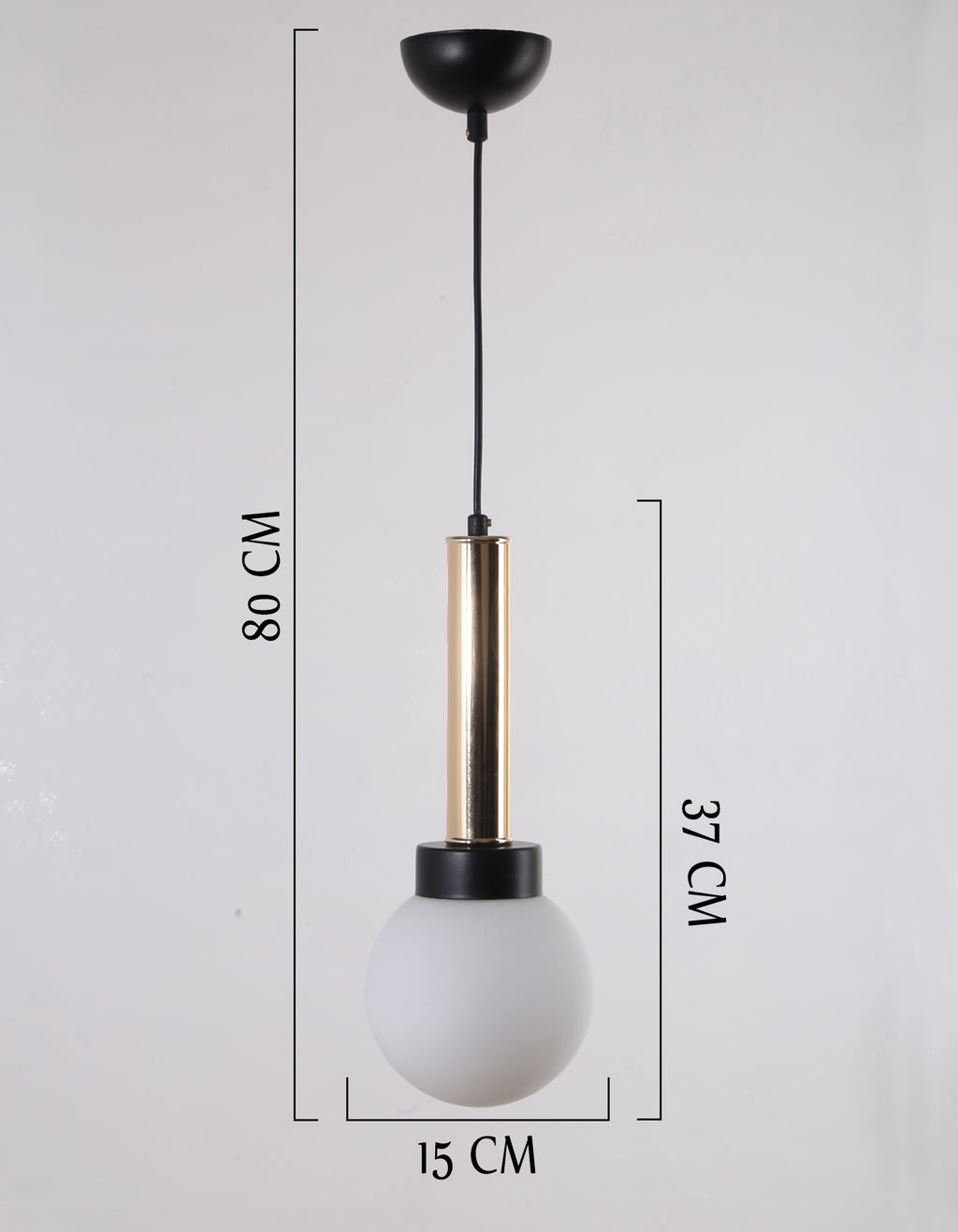 Schéma technique de la suspension cylindre doré avec globe gris opale, hauteur 80 cm et diamètre 15 cm