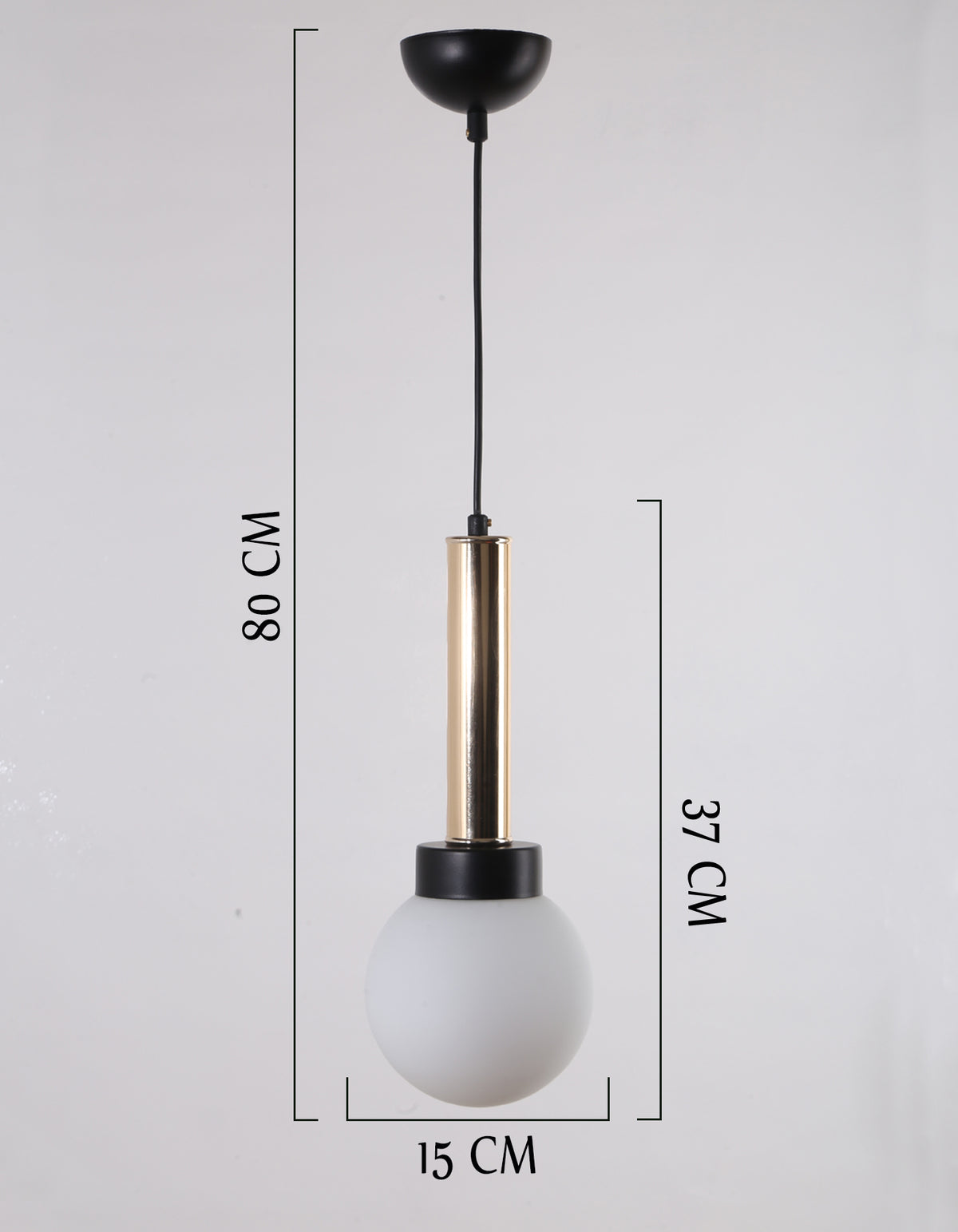 Schéma technique de la suspension cylindre doré avec globe gris opale, hauteur 80 cm et diamètre 15 cm