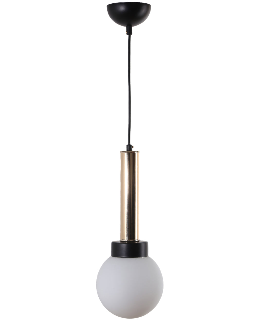 Vue de face de la suspension avec cylindre doré, bague noire et globe en verre gris opale
