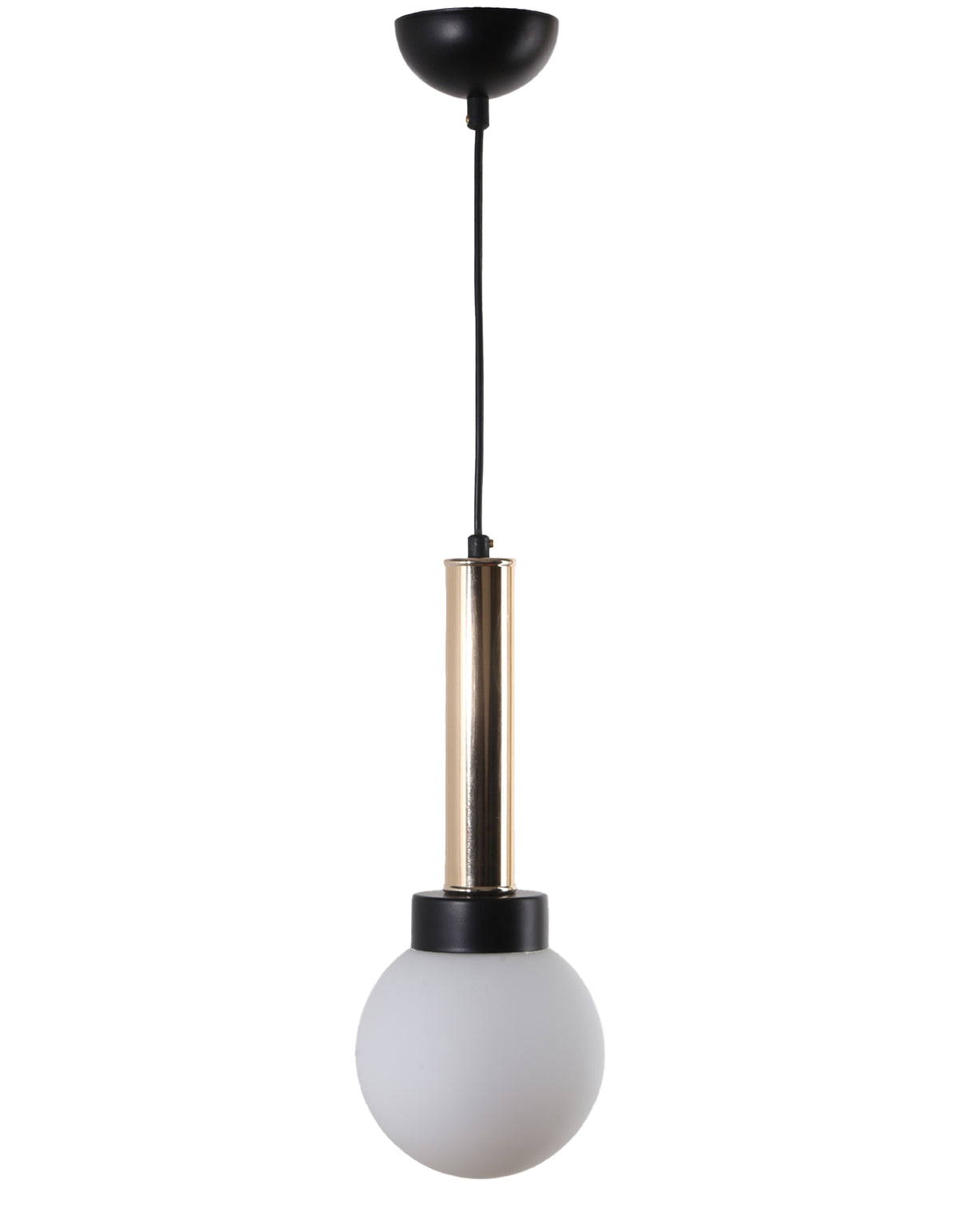 Vue de face de la suspension avec cylindre doré, bague noire et globe en verre gris opale