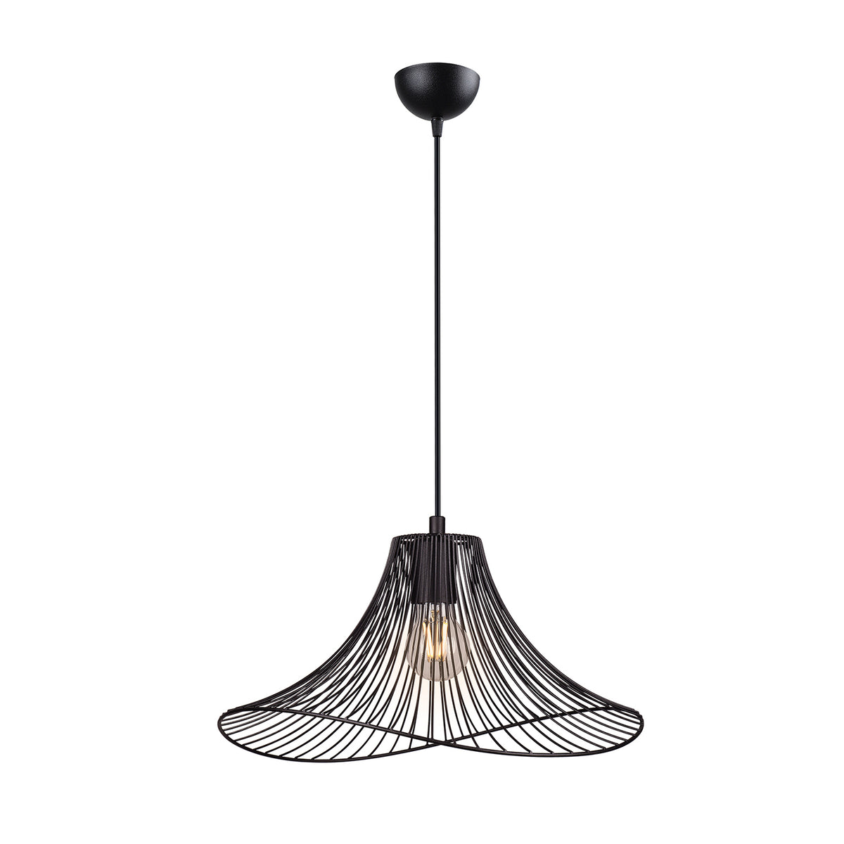 Vue de face de la suspension dôme évasé en fil métallique noir Ø40 cm